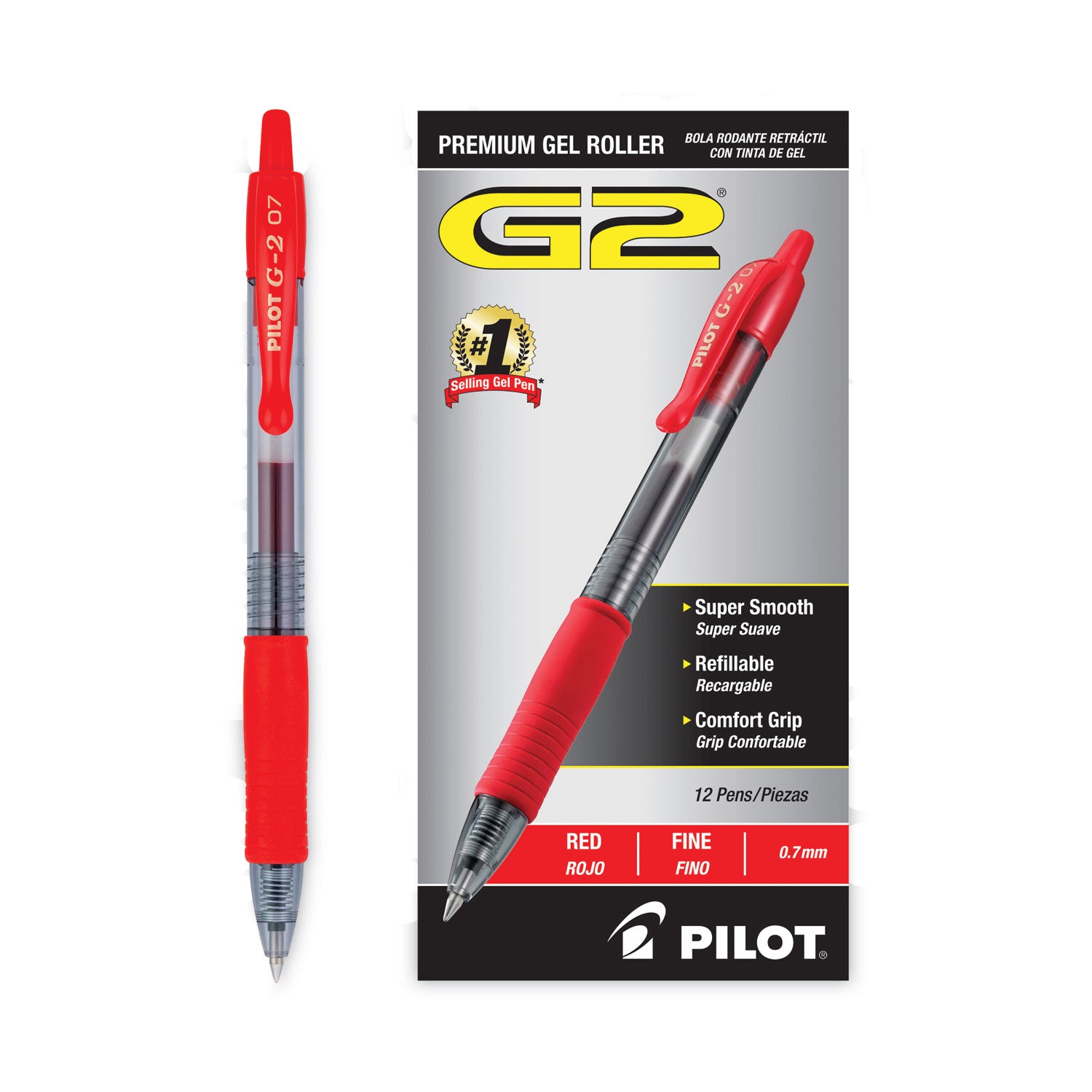 Pilot® G2 Premium Gel Pen, Retractable, Fine 0.7 mm, Red Ink, Smoke/Red Barrel, Dozen