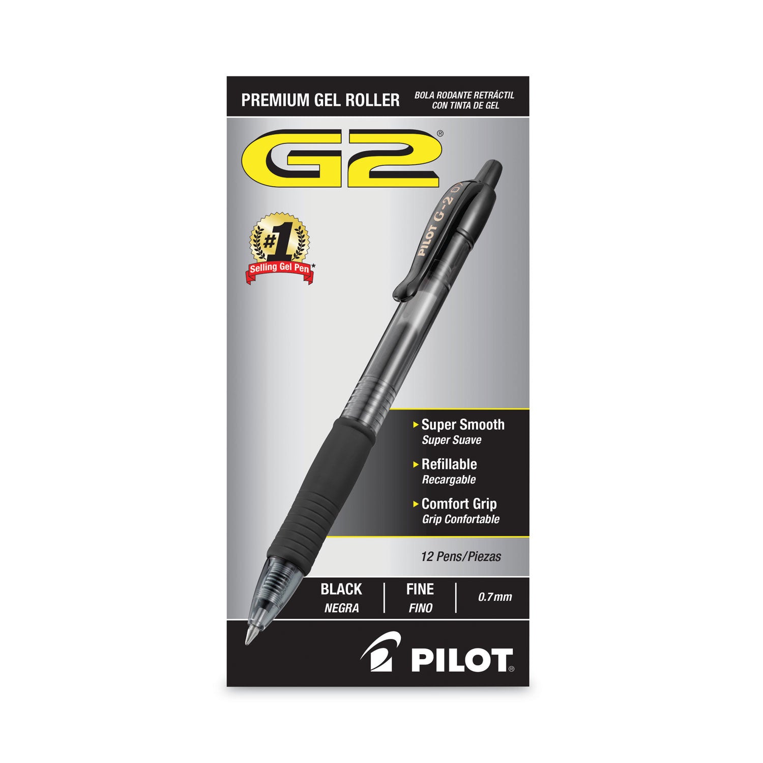 Pilot® G2 Premium Gel Pen, Retractable, Fine 0.7 mm, Black Ink, Smoke/Black Barrel, Dozen