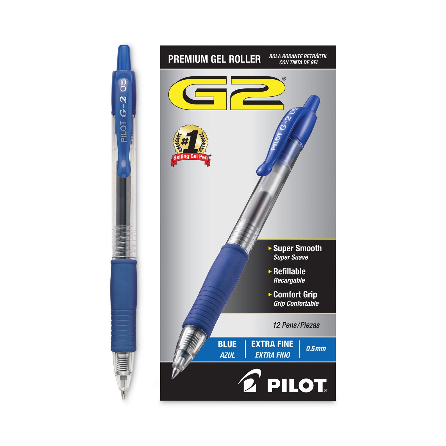 Pilot® G2 Premium Gel Pen, Retractable, Extra-Fine 0.5 mm, Blue Ink, Smoke/Blue Barrel, Dozen