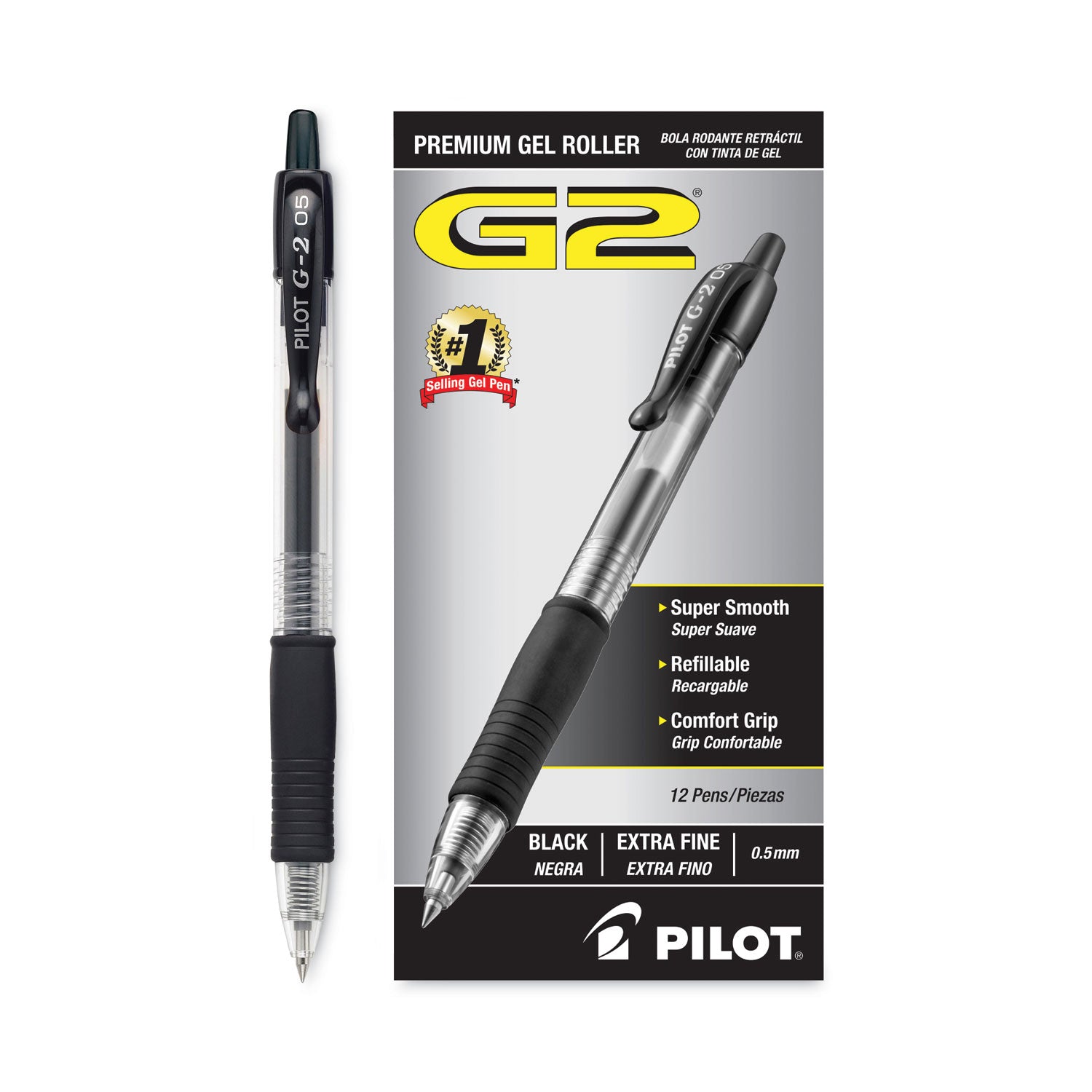 Pilot® G2 Premium Gel Pen, Retractable, Extra-Fine 0.5 mm, Black Ink, Smoke/Black Barrel, Dozen