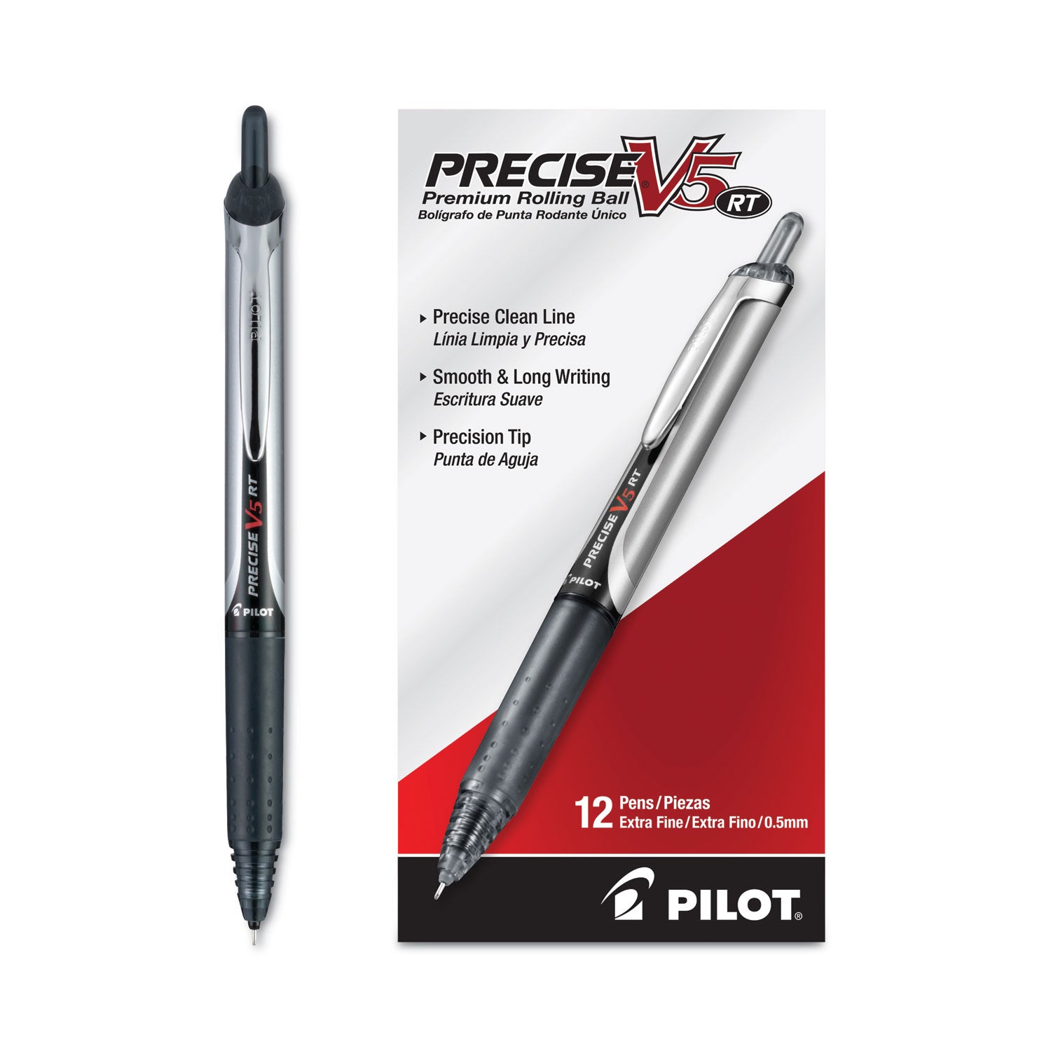 Pilot® Precise V5RT Roller Ball Pen, Retractable, Extra-Fine 0.5 mm, Black Ink, Black Barrel