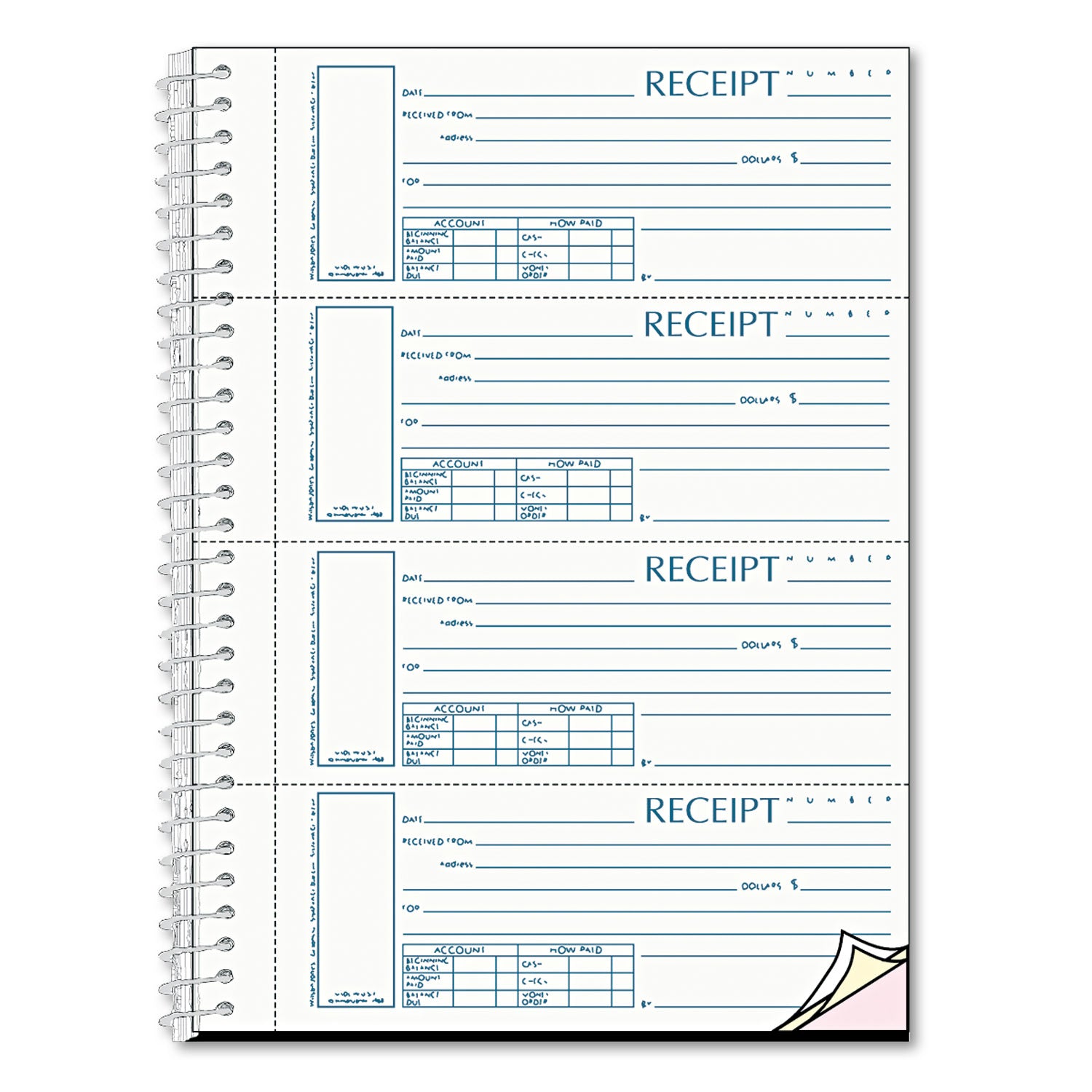 Spiralbound Unnumbered Money Receipt Book, Three-Part Carbonless, 7 x 2.75, 4 Forms/Sheet, 120 Forms Total