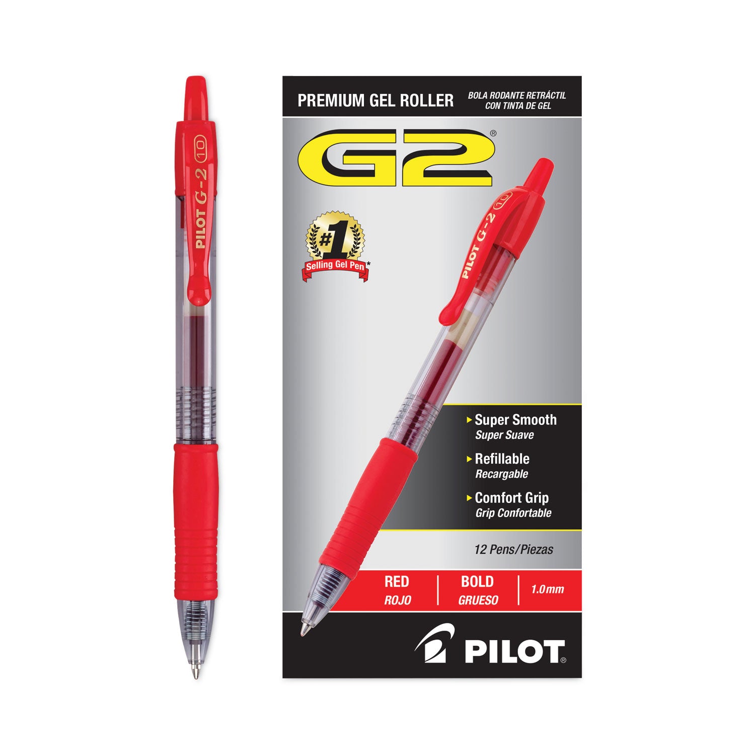 Pilot® G2 Premium Gel Pen, Retractable, Bold 1 mm, Red Ink, Smoke/Red Barrel, Dozen