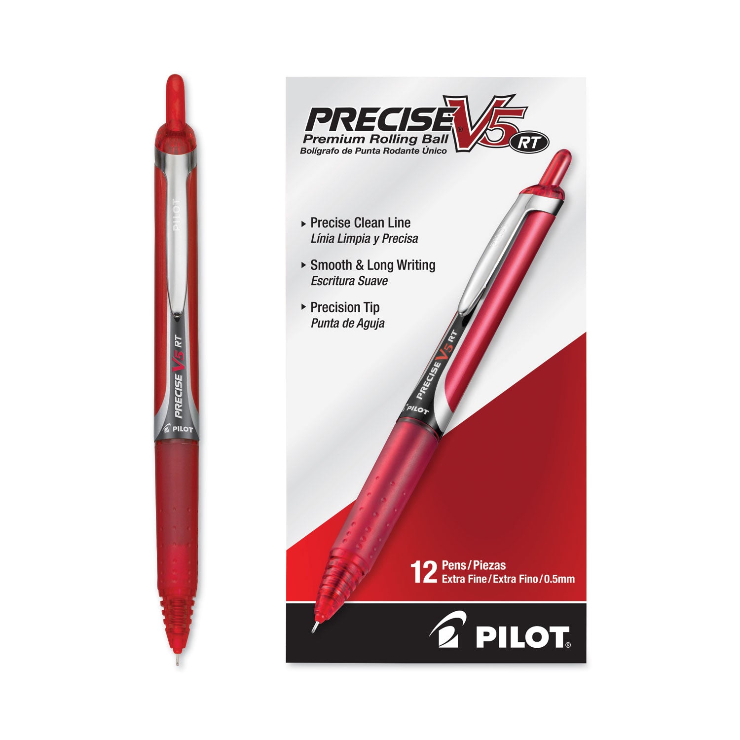 Pilot® Precise V5RT Roller Ball Pen, Retractable, Extra-Fine 0.5 mm, Red Ink, Red Barrel