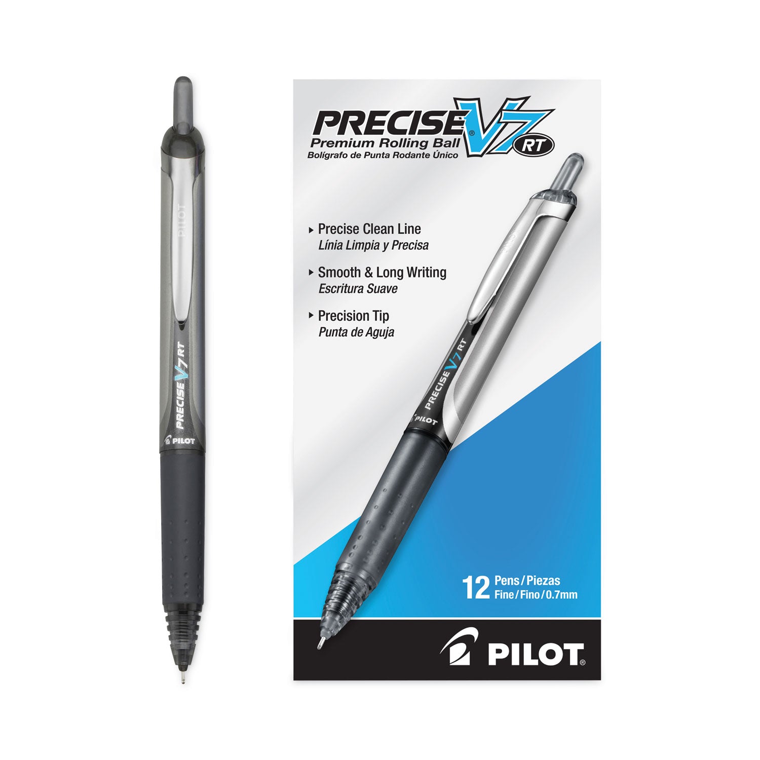 Pilot® Precise V7RT Roller Ball Pen, Retractable, Fine 0.7 mm, Black Ink, Black Barrel