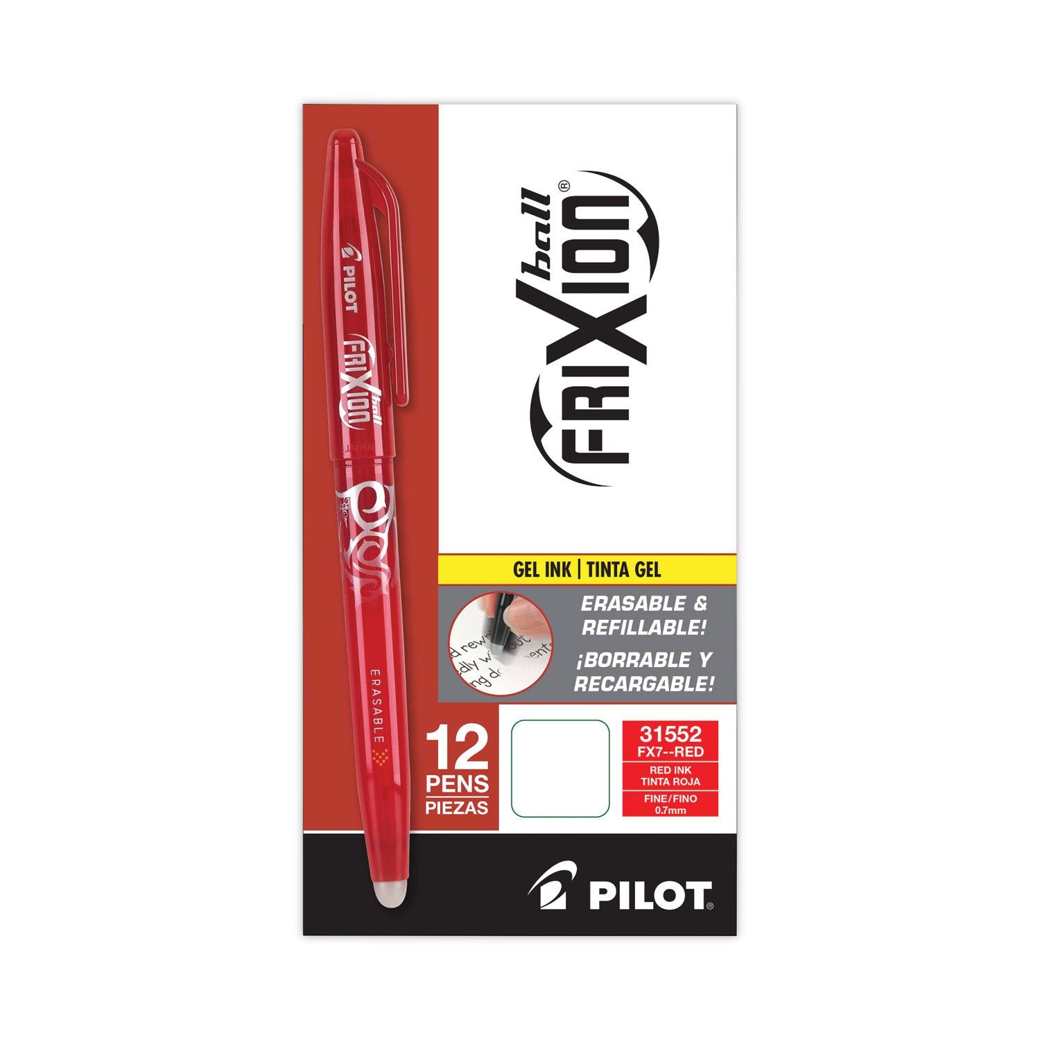 Pilot® FriXion Ball Erasable Gel Pen, Stick, Fine 0.7 mm, Red Ink, Red Barrel