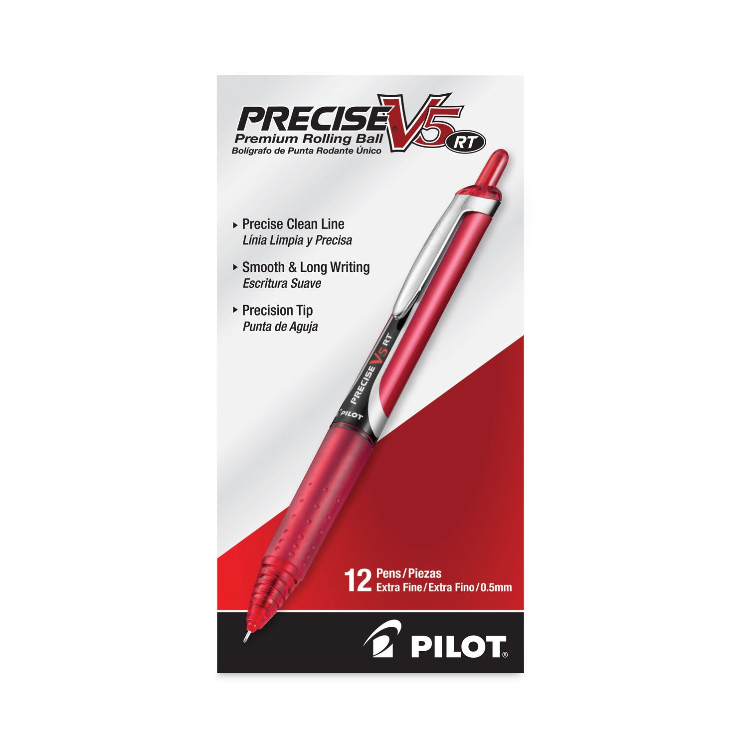 Pilot® Precise V5RT Roller Ball Pen, Retractable, Extra-Fine 0.5 mm, Red Ink, Red Barrel