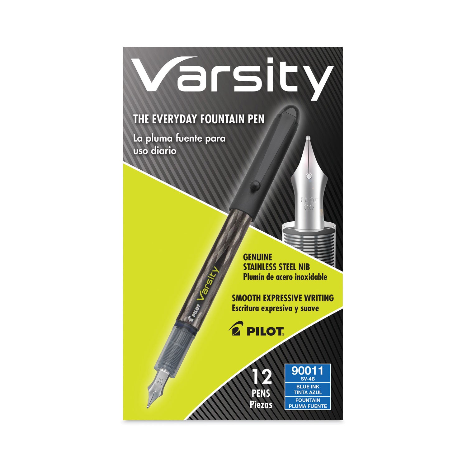 Pilot® Varsity Fountain Pen, Medium 1 mm, Blue Ink, Clear/Black/Blue Barrel