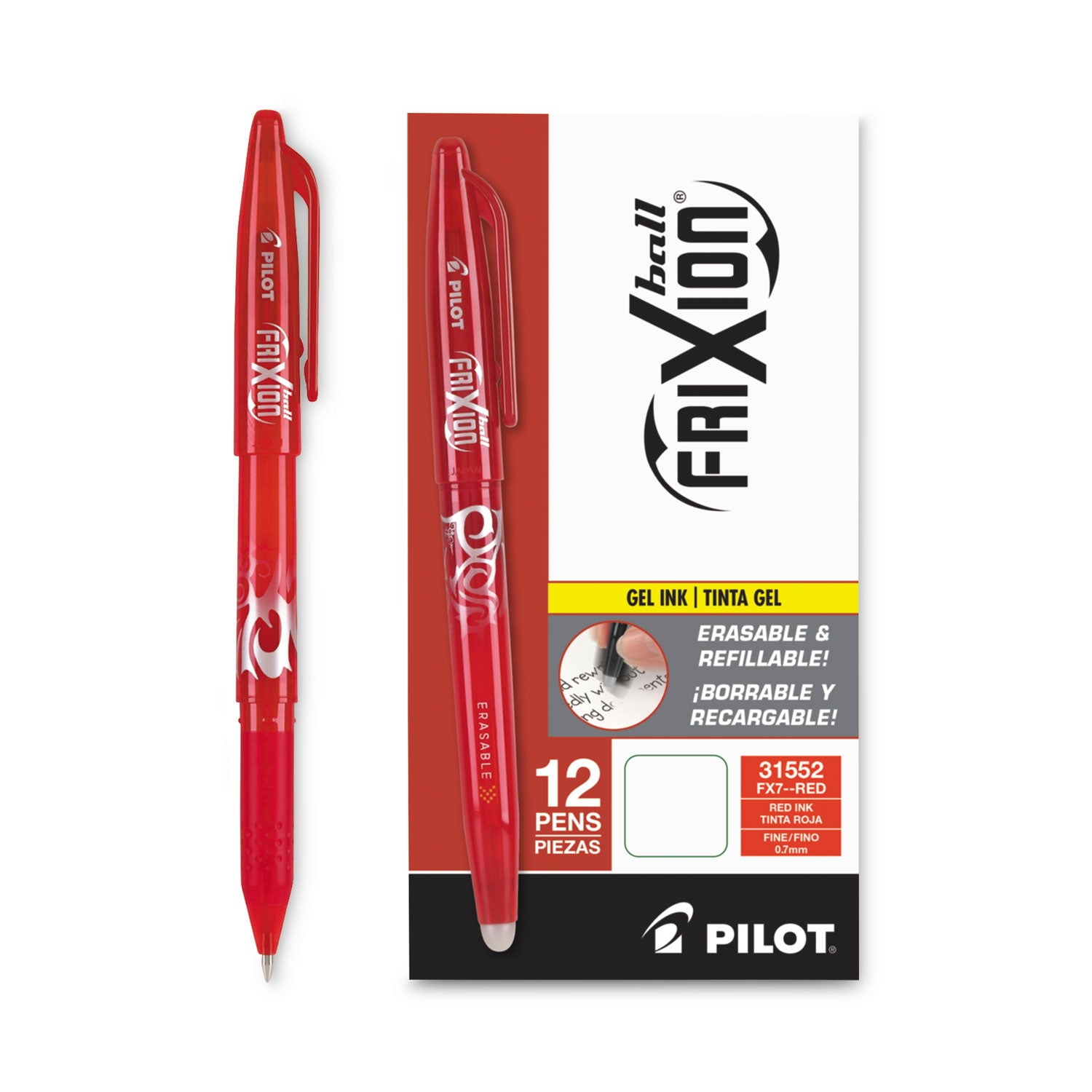 Pilot® FriXion Ball Erasable Gel Pen, Stick, Fine 0.7 mm, Red Ink, Red Barrel