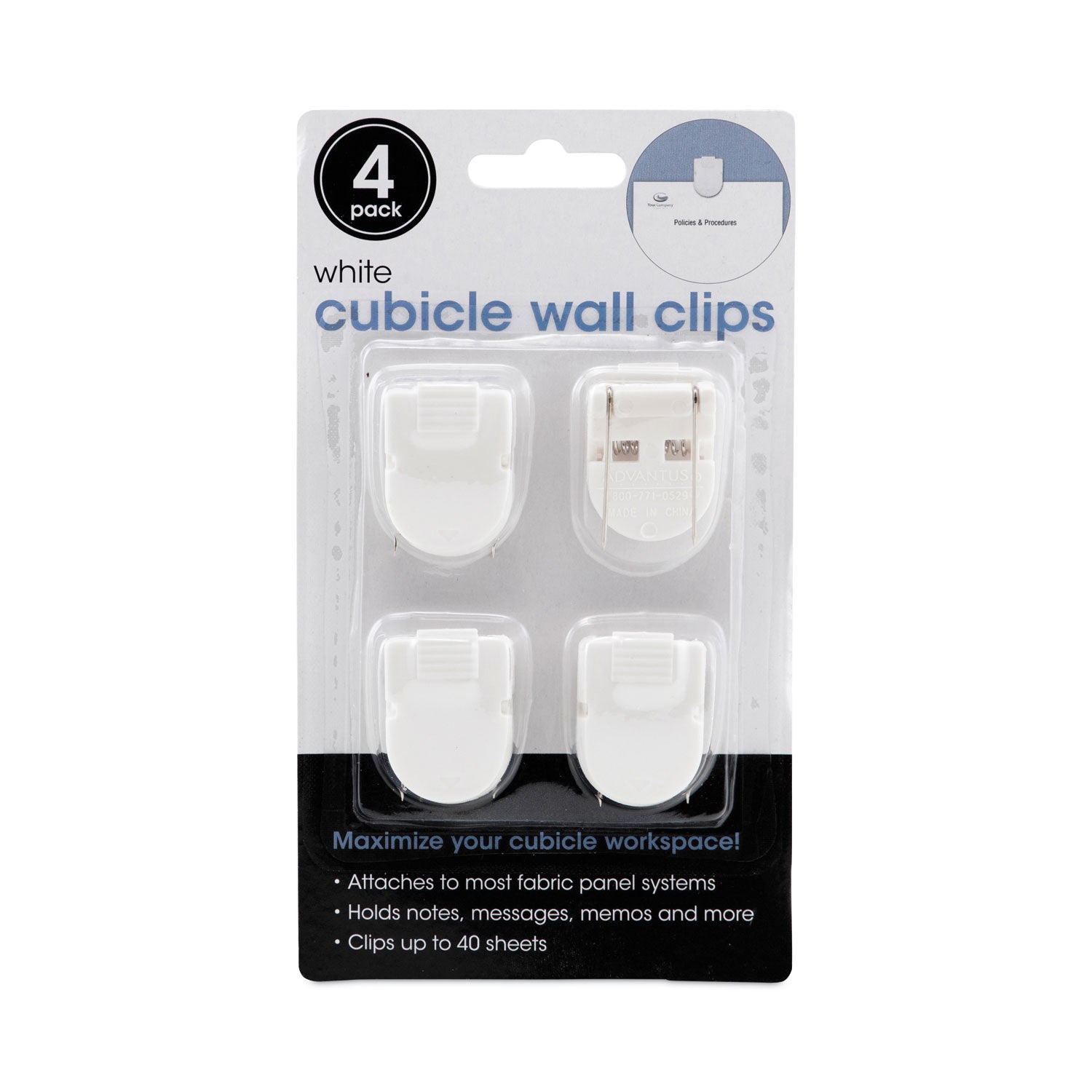 Advantus Wall Clips for Fabric Panels, 40 Sheet Capacity, White, 4/Pack