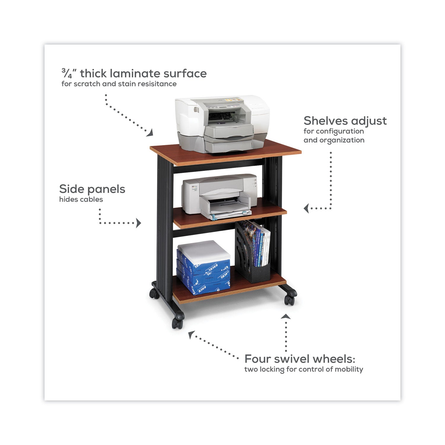 Safco® Muv Three Level Machine Cart/Printer Stand, Engineered Wood, 3 Shelves, 29.5" x 20" x 35", Cherry/Black