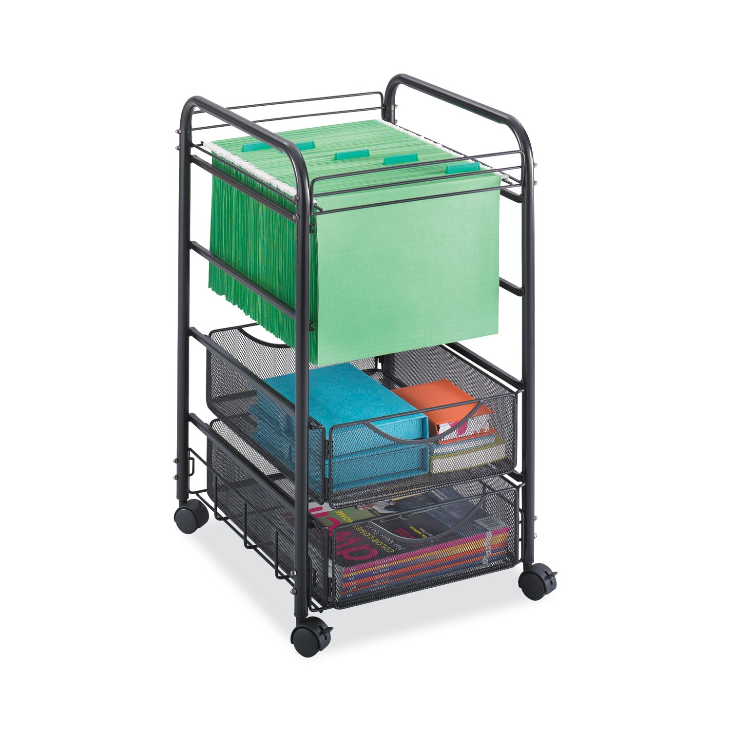 Safco® Onyx Mesh Open Mobile File with Drawers, Metal, 2 Drawers, 1 Bin, 15.75" x 17" x 27", Black