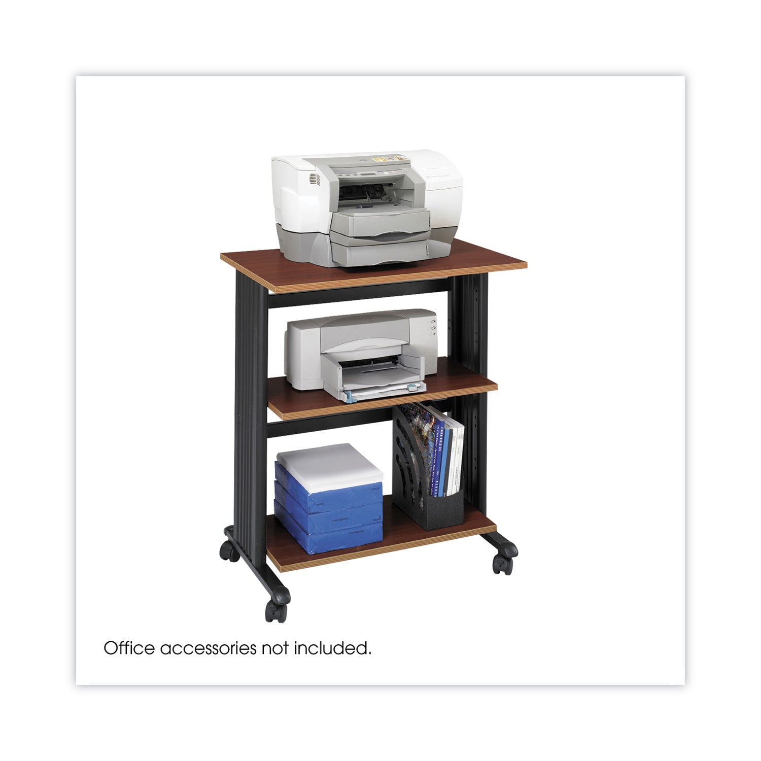 Safco® Muv Three Level Machine Cart/Printer Stand, Engineered Wood, 3 Shelves, 29.5" x 20" x 35", Cherry/Black