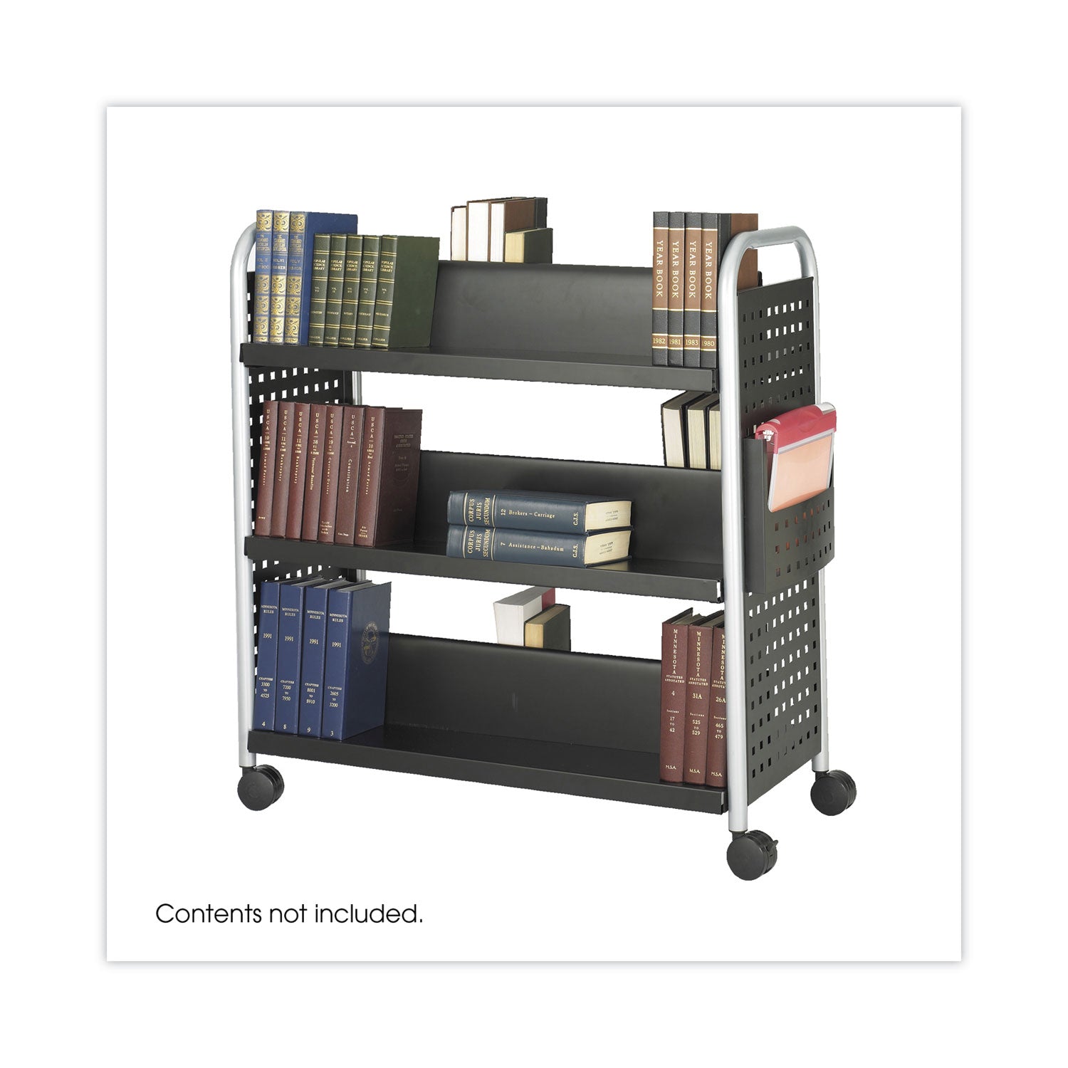 Safco® Scoot Double-Sided Book Cart, Metal, 6 Shelves, 1 Bin, 41.25" x 17.75" x 41.25", Black