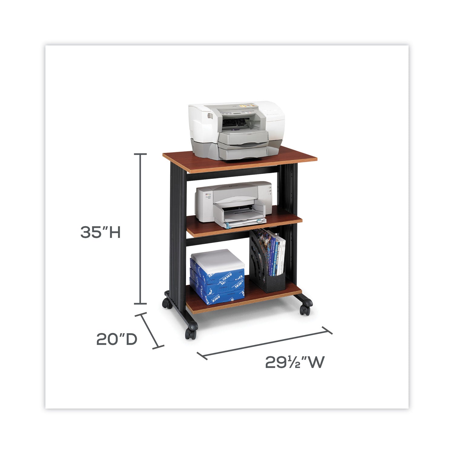 Safco® Muv Three Level Machine Cart/Printer Stand, Engineered Wood, 3 Shelves, 29.5" x 20" x 35", Cherry/Black