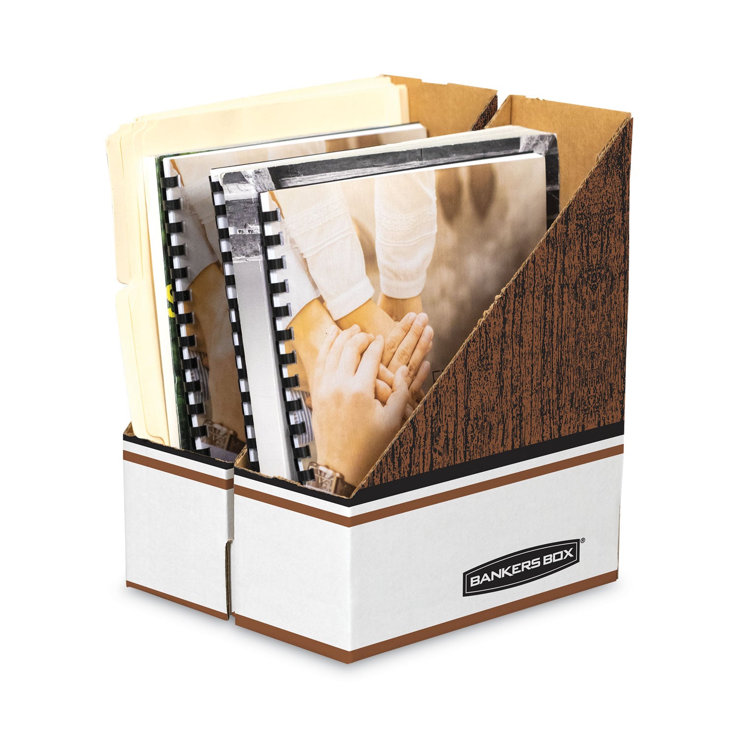 Bankers Box® Corrugated Cardboard Magazine File, 4 x 9 x 11.5, Wood Grain, 12/Carton