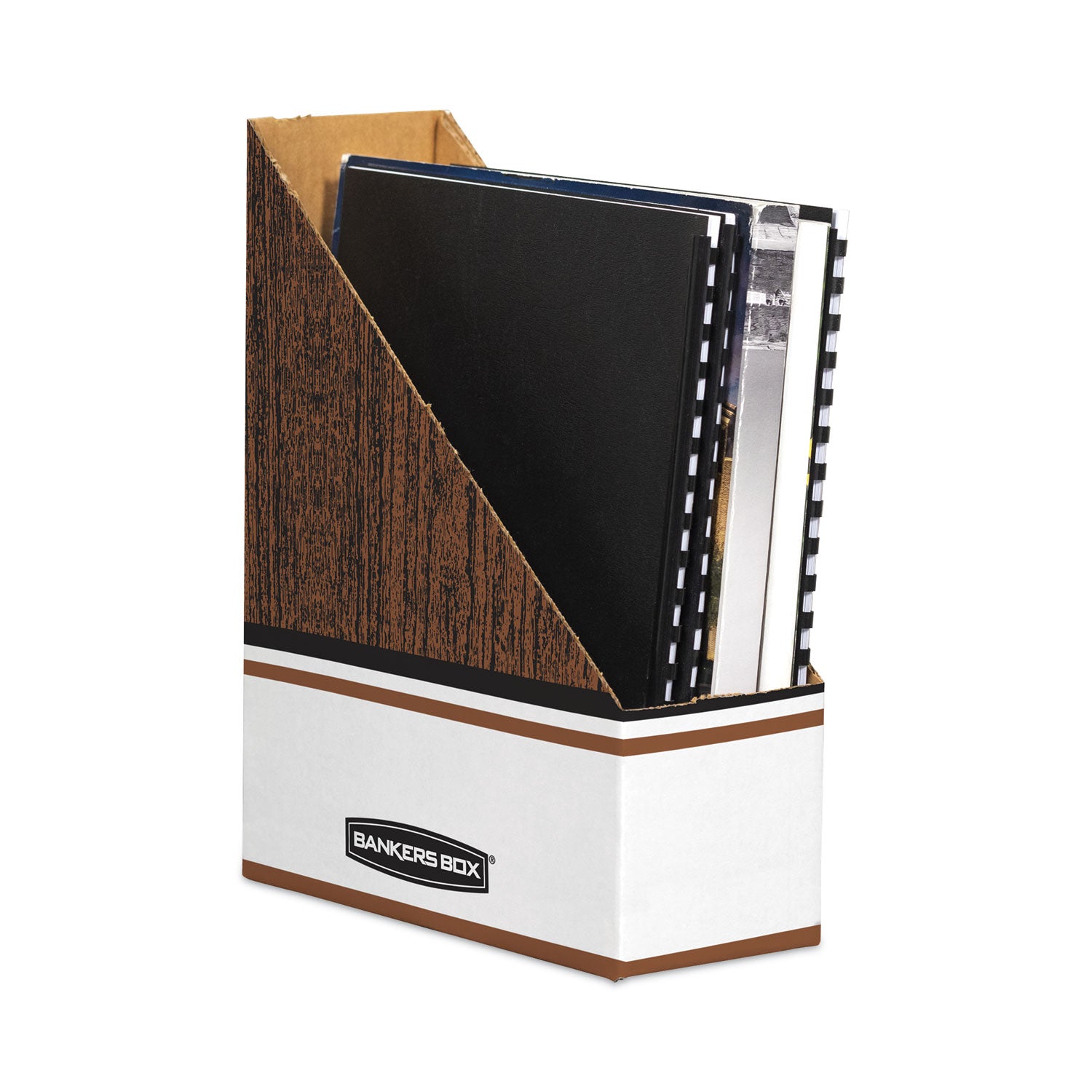 Bankers Box® Corrugated Cardboard Magazine File, 4 x 11 x 12.25, Wood Grain, 12/Carton