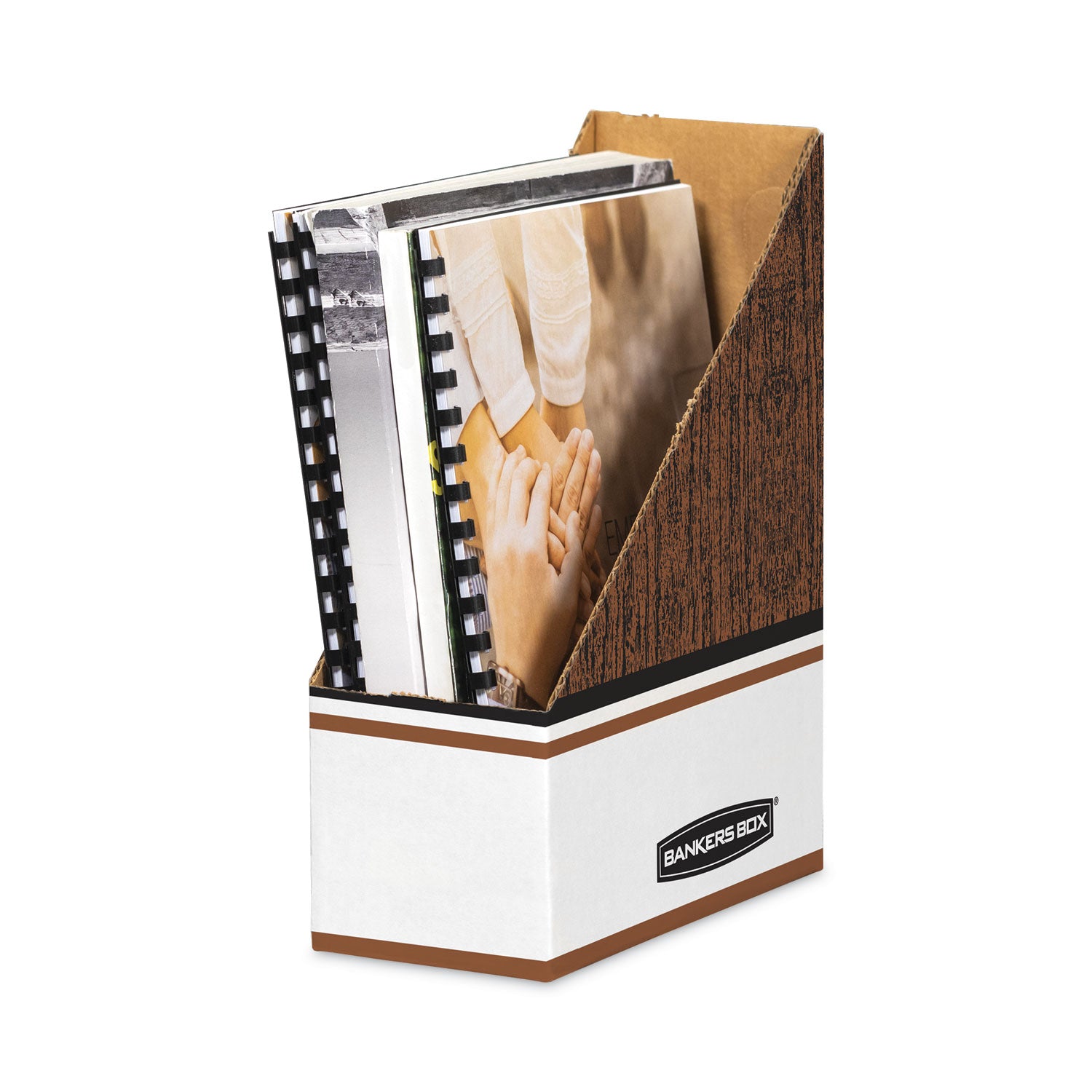 Bankers Box® Corrugated Cardboard Magazine File, 4 x 9 x 11.5, Wood Grain, 12/Carton