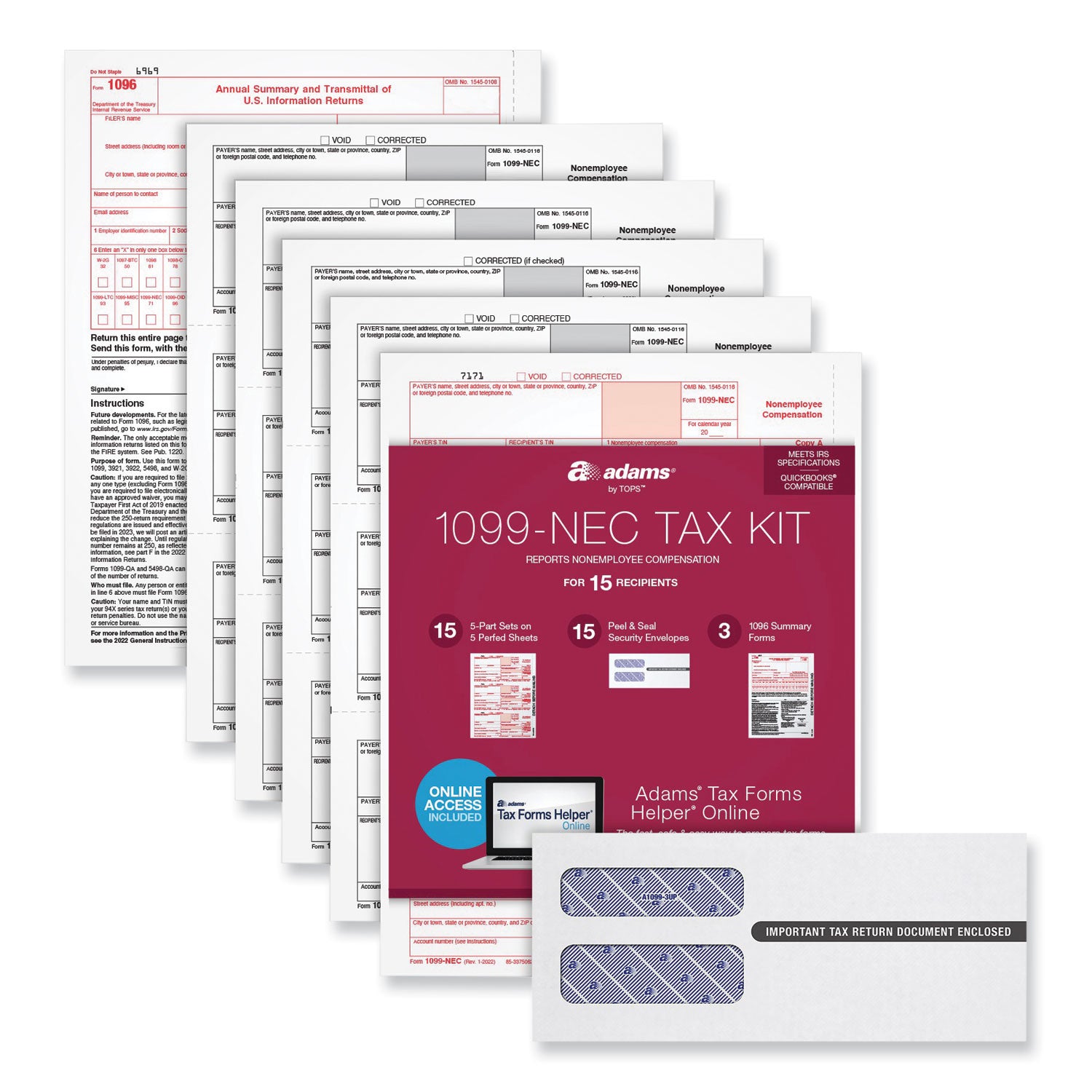 1099-NEC Online Tax Kit, Fiscal Year: 2023, Five-Part Carbonless, 8.5 x 3.66, 3 Forms/Sheet, 15 Forms Total