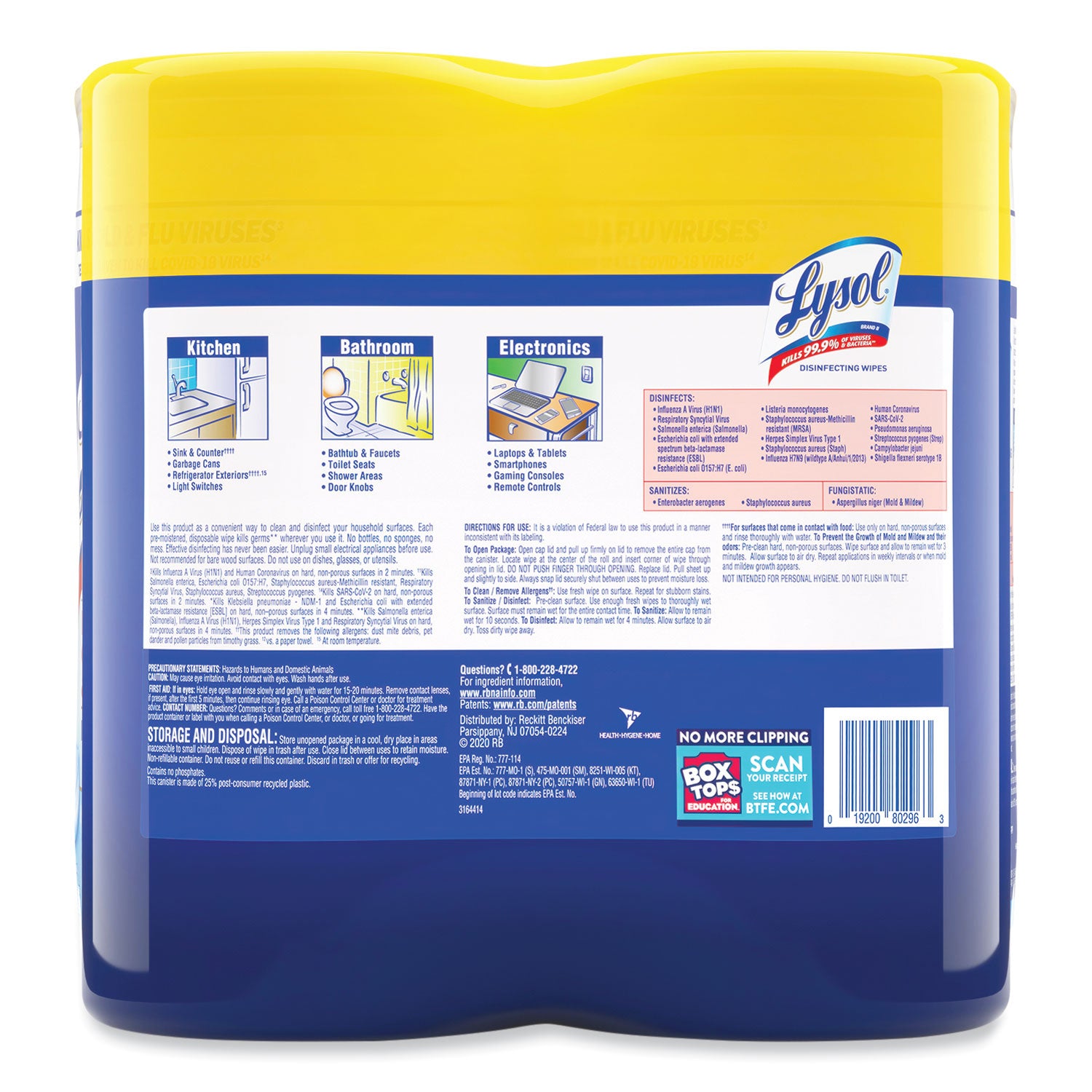 LYSOL® Brand Disinfecting Wipes, 1-Ply, 7 x 7.25, Lemon and Lime Blossom, White, 80 Wipes/Canister, 2 Canisters/Pack