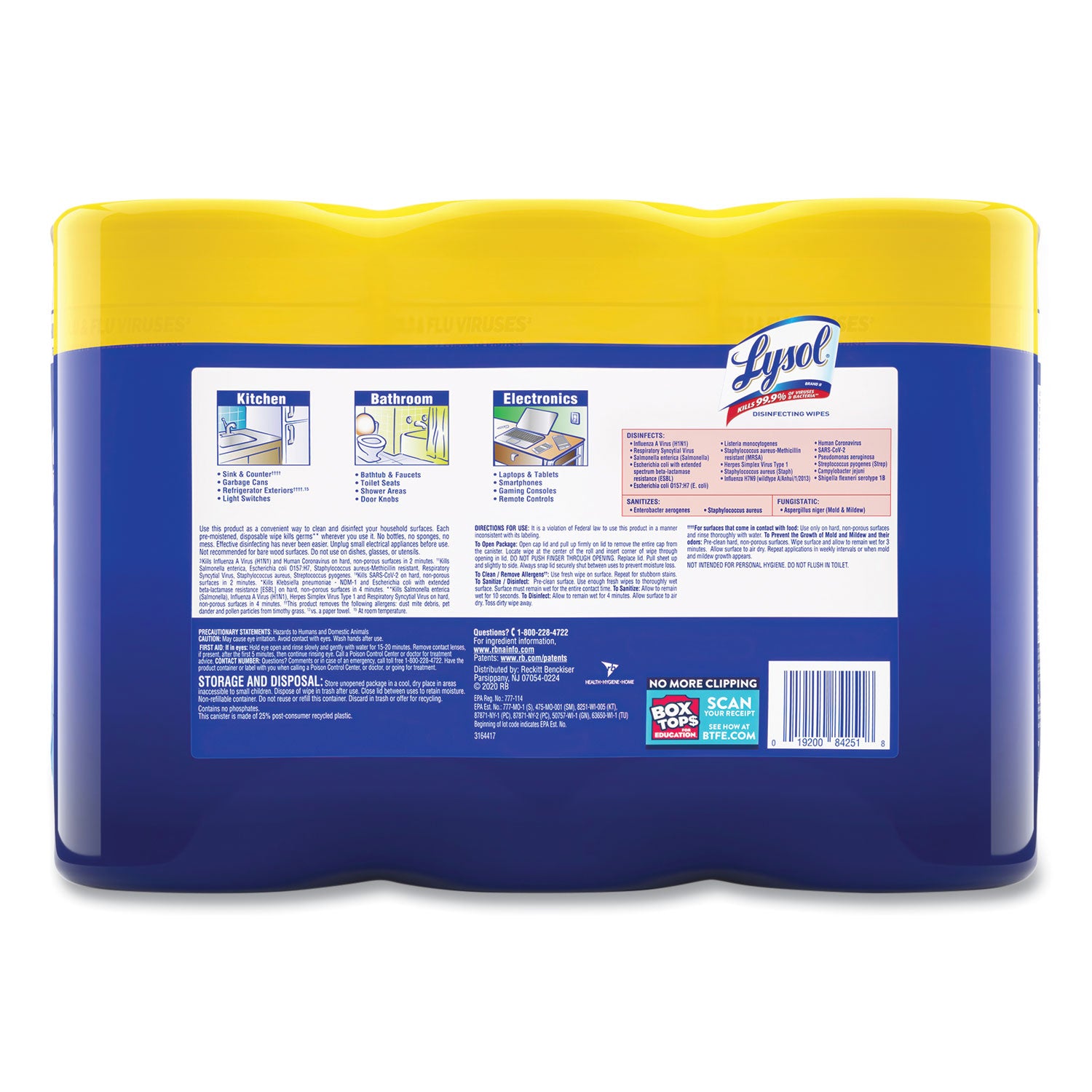 LYSOL® Brand Disinfecting Wipes, 1-Ply, 7 x 7.25, Lemon and Lime Blossom, White, 80 Wipes/Canister, 3 Canisters/Pack