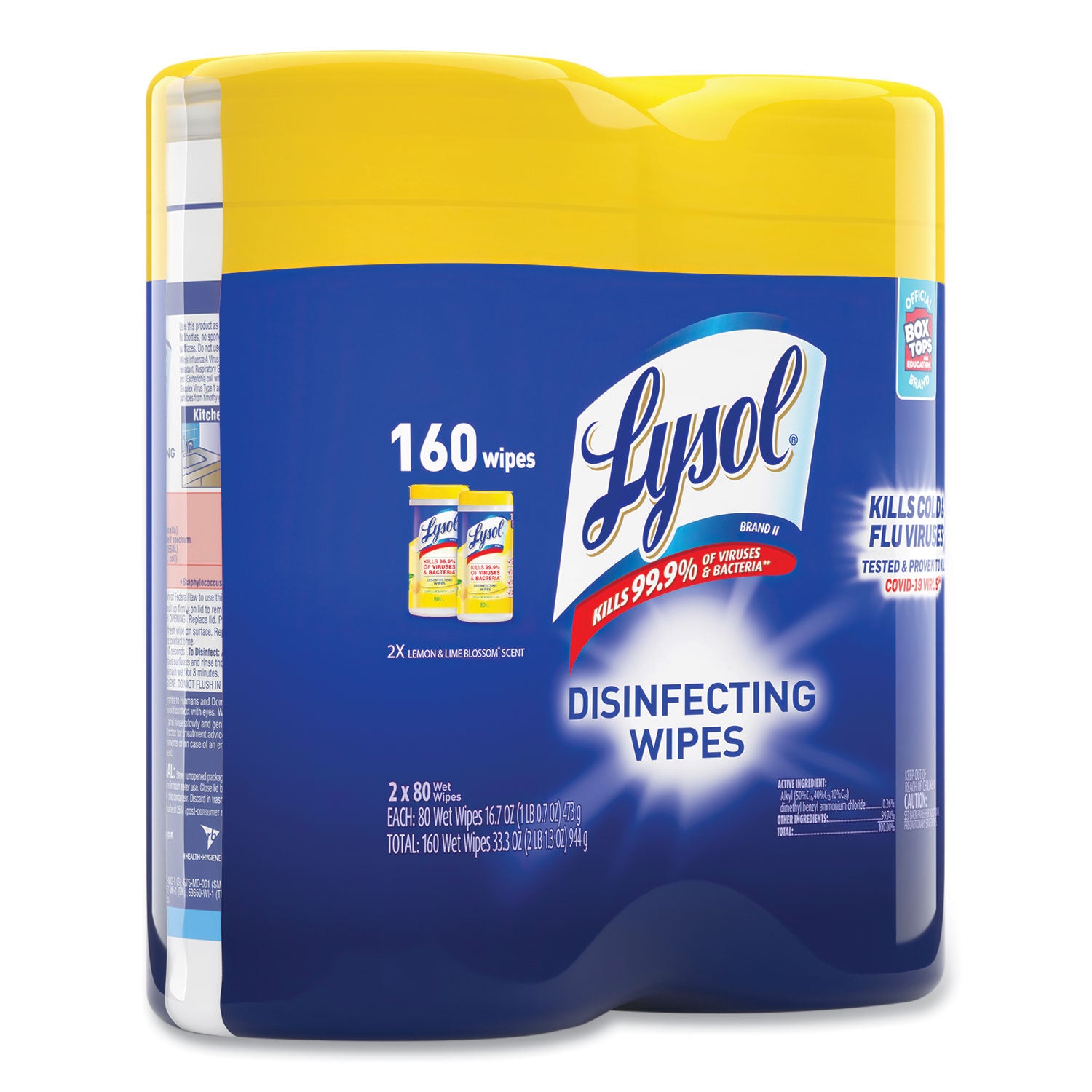 LYSOL® Brand Disinfecting Wipes, 1-Ply, 7 x 7.25, Lemon and Lime Blossom, White, 80 Wipes/Canister, 2 Canisters/Pack