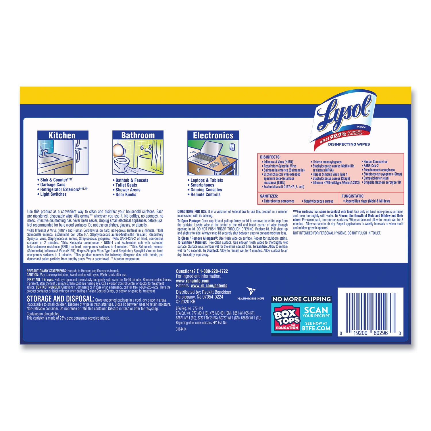 LYSOL® Brand Disinfecting Wipes, 1-Ply, 7 x 7.25, Lemon and Lime Blossom, White, 80 Wipes/Canister, 2 Canisters/Pack