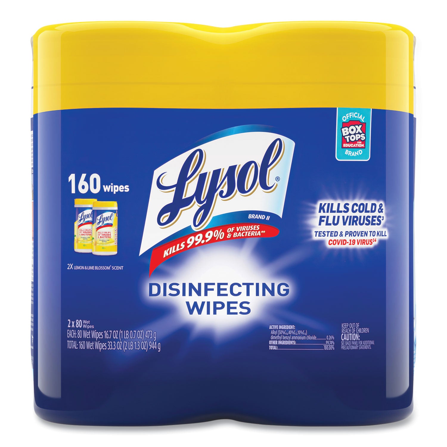 LYSOL® Brand Disinfecting Wipes, 1-Ply, 7 x 7.25, Lemon and Lime Blossom, White, 80 Wipes/Canister, 2 Canisters/Pack, 3 Packs/Carton