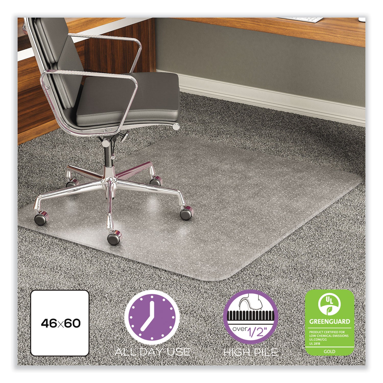 ExecuMat All Day Use Chair Mat for High Pile Carpet, 46 x 60, Rectangular, Clear