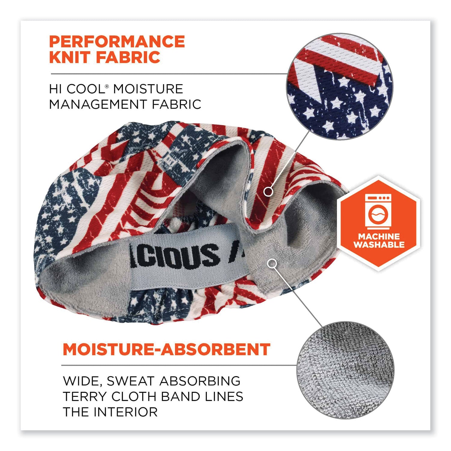 Ergodyne® Chill-Its 6630 High-Performance Terry Cloth Skull Cap, Polyester, One Size Fits Most, Stars and Stripes