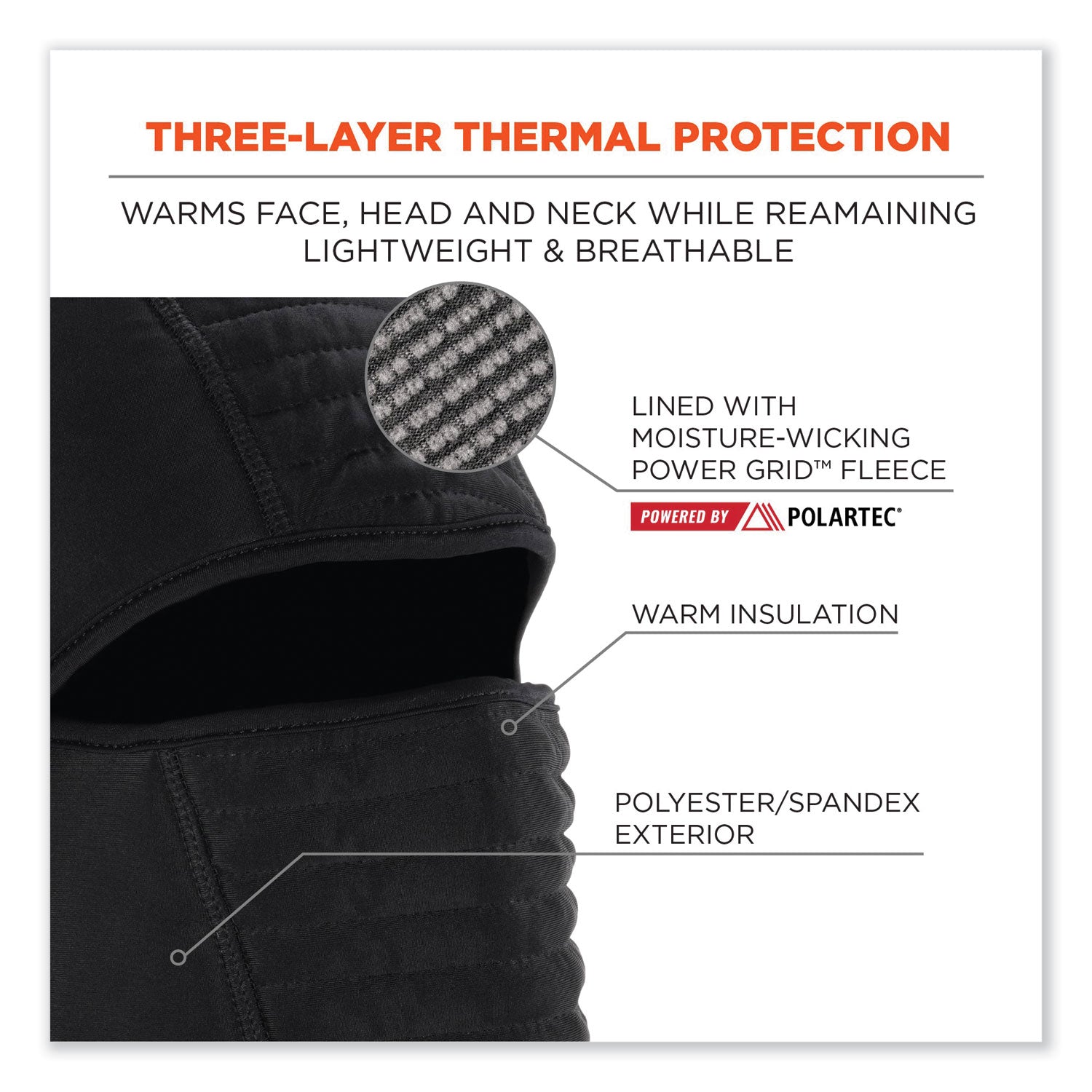 Ergodyne® N-Ferno 6955 Insulated 3-Layer Balaclava Face Mask, Polartec FR Power Grid Fleece/Polyester/Spandex, One Size, Black