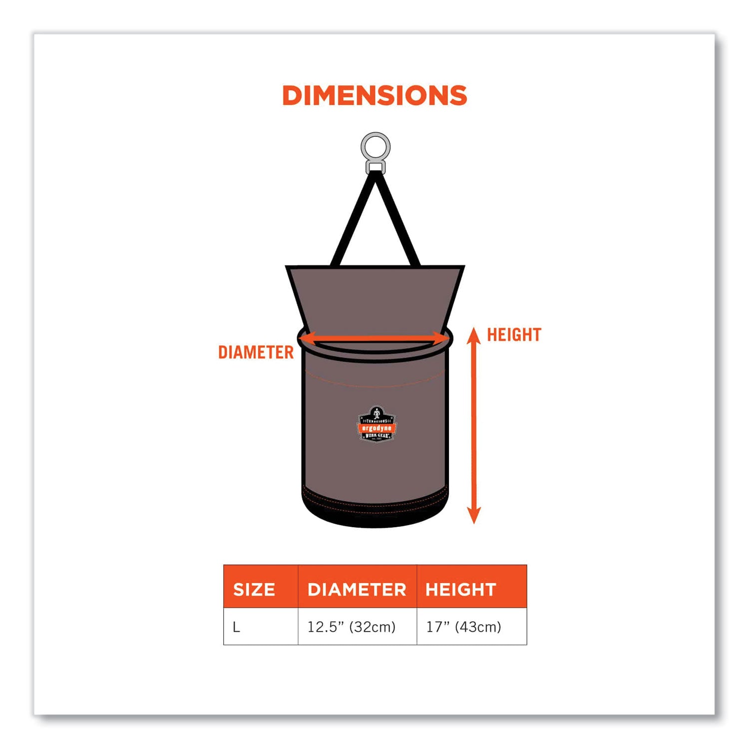 Ergodyne® Arsenal 5973 Hoist Bucket Tool Bag with D-Rings and Zipper Top, 12.5 x 12.5 x 17, Gray