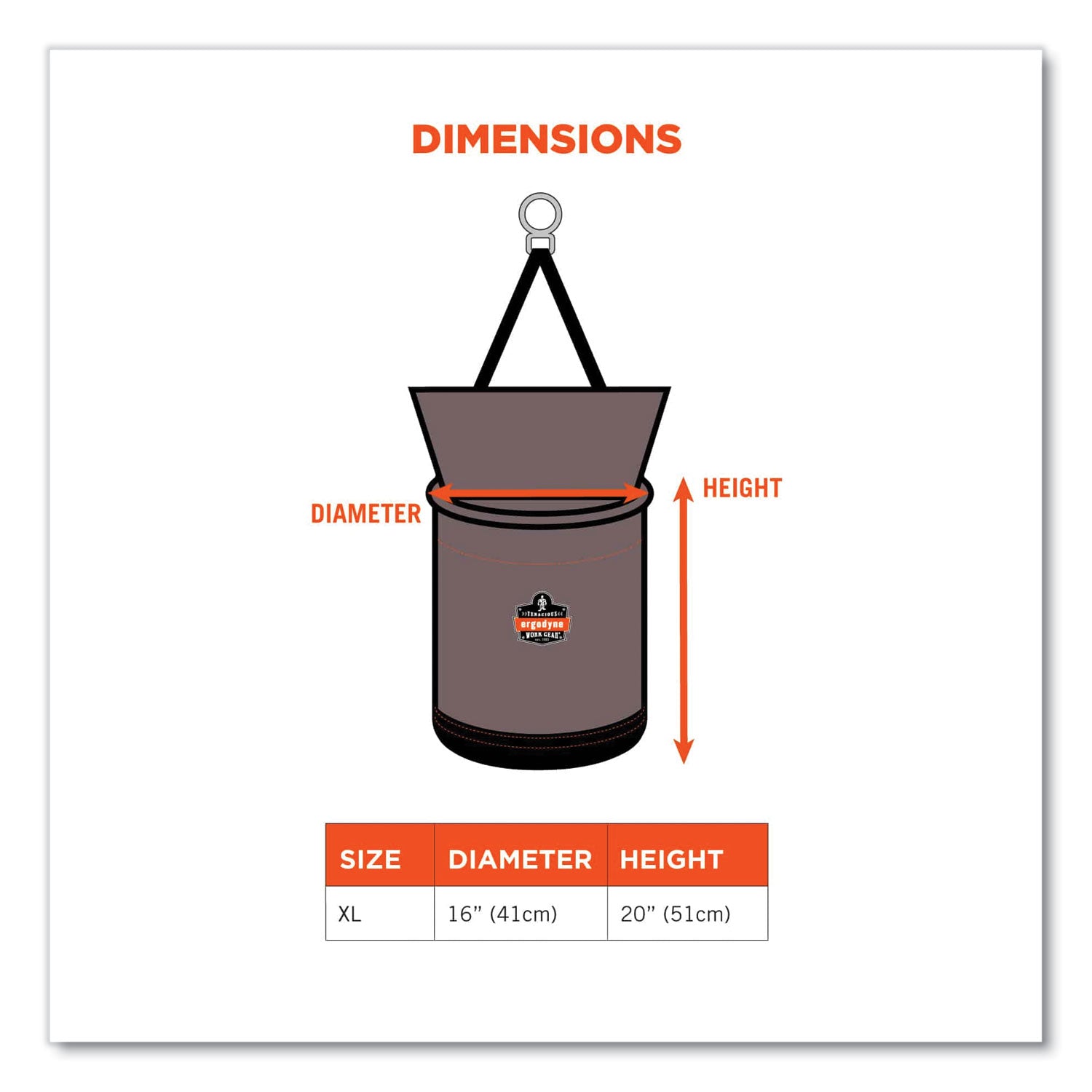 Ergodyne® Arsenal 5976 XL Hoist Bucket Tool Bag with Swiveling Carabiner and Zipper Top, 16 x 16 x 20, Gray