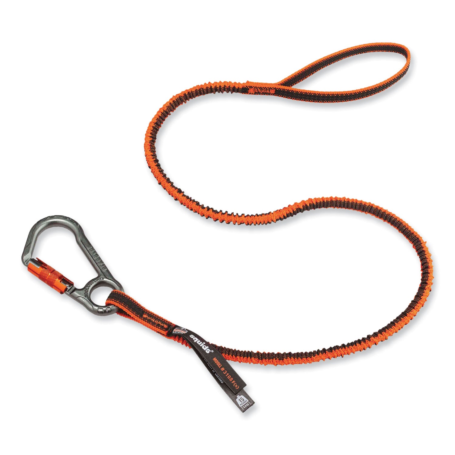 Squids 3108F(x)Tool Lanyard with Locking Aluminum Carabiner + Loop, 15 lb Max Working Capacity, 38" to 48" Long, Orange/Gray