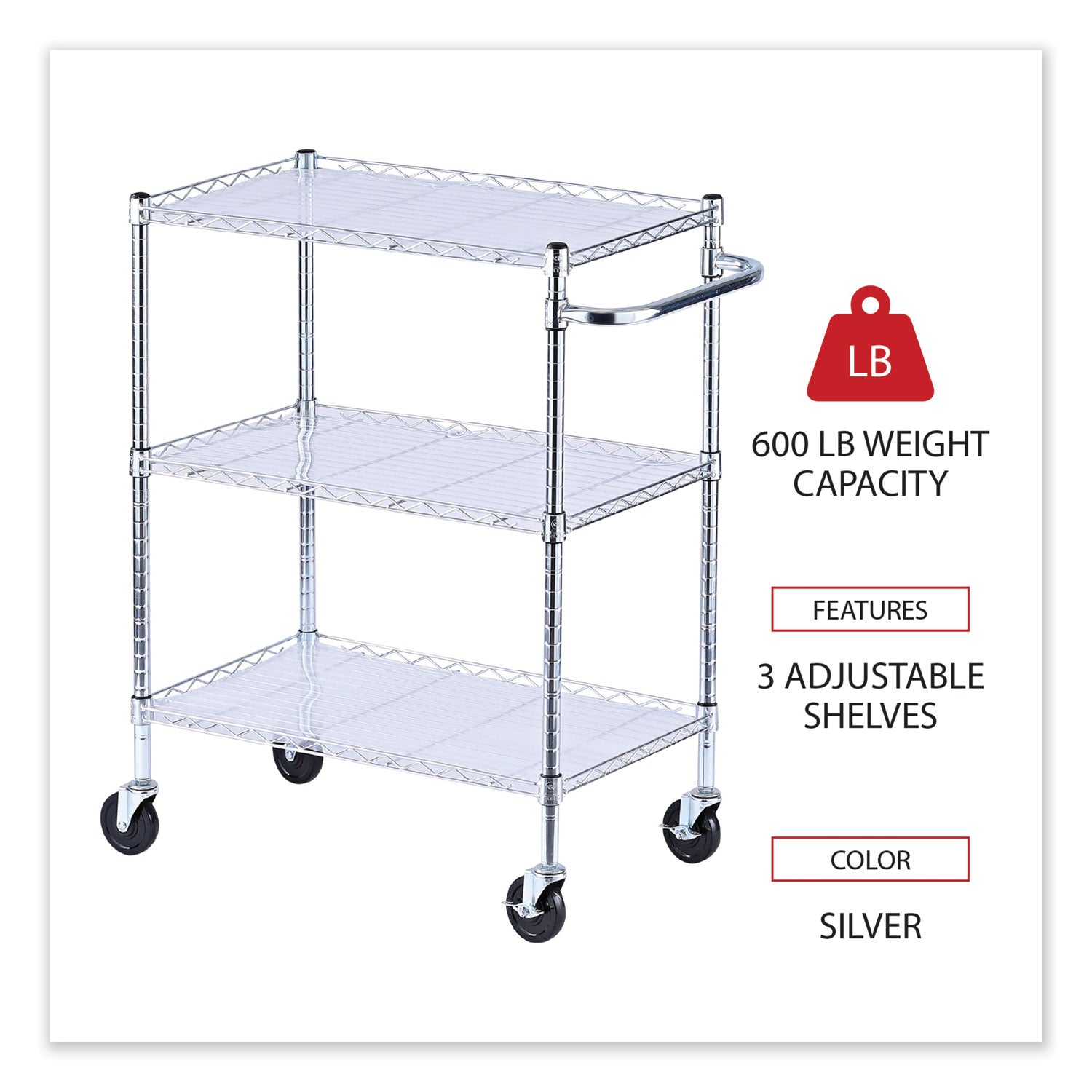 Alera® Three-Shelf Wire Cart with Liners, Metal, 3 Shelves, 600 lb Capacity, 34.21" x 18" x 40", Silver