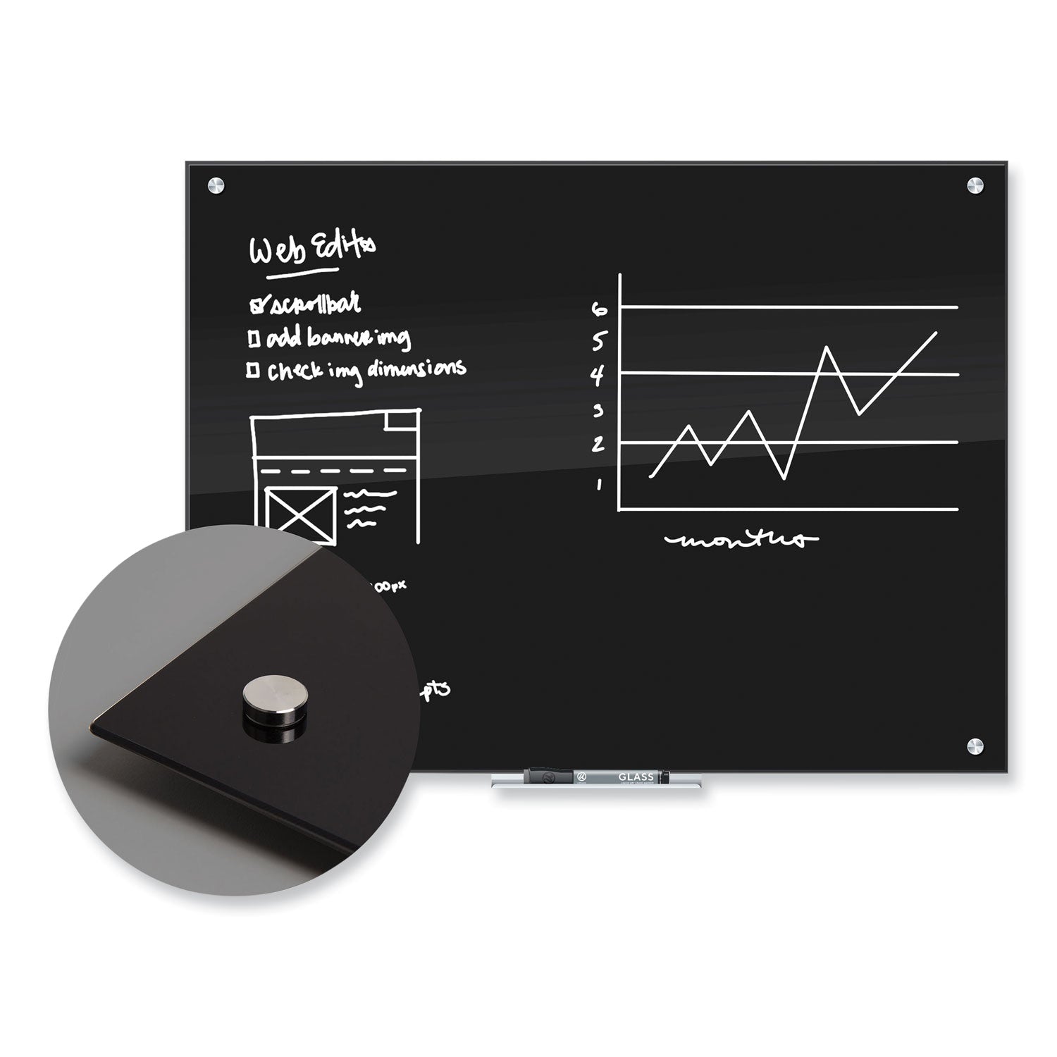 U Brands Black Glass Dry Erase Board, 35 x 23, Black Surface