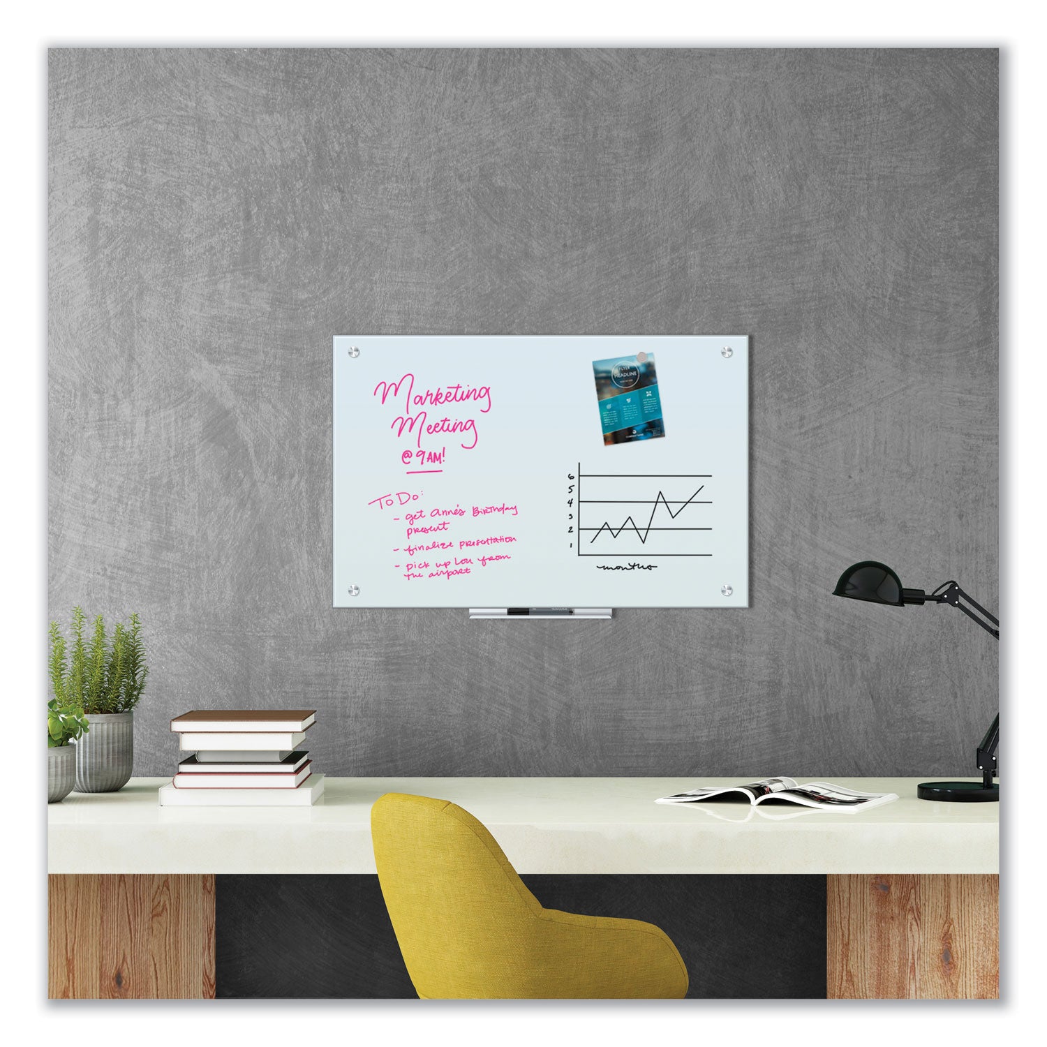 U Brands Glass Dry Erase Board, 35 x 23, White Surface