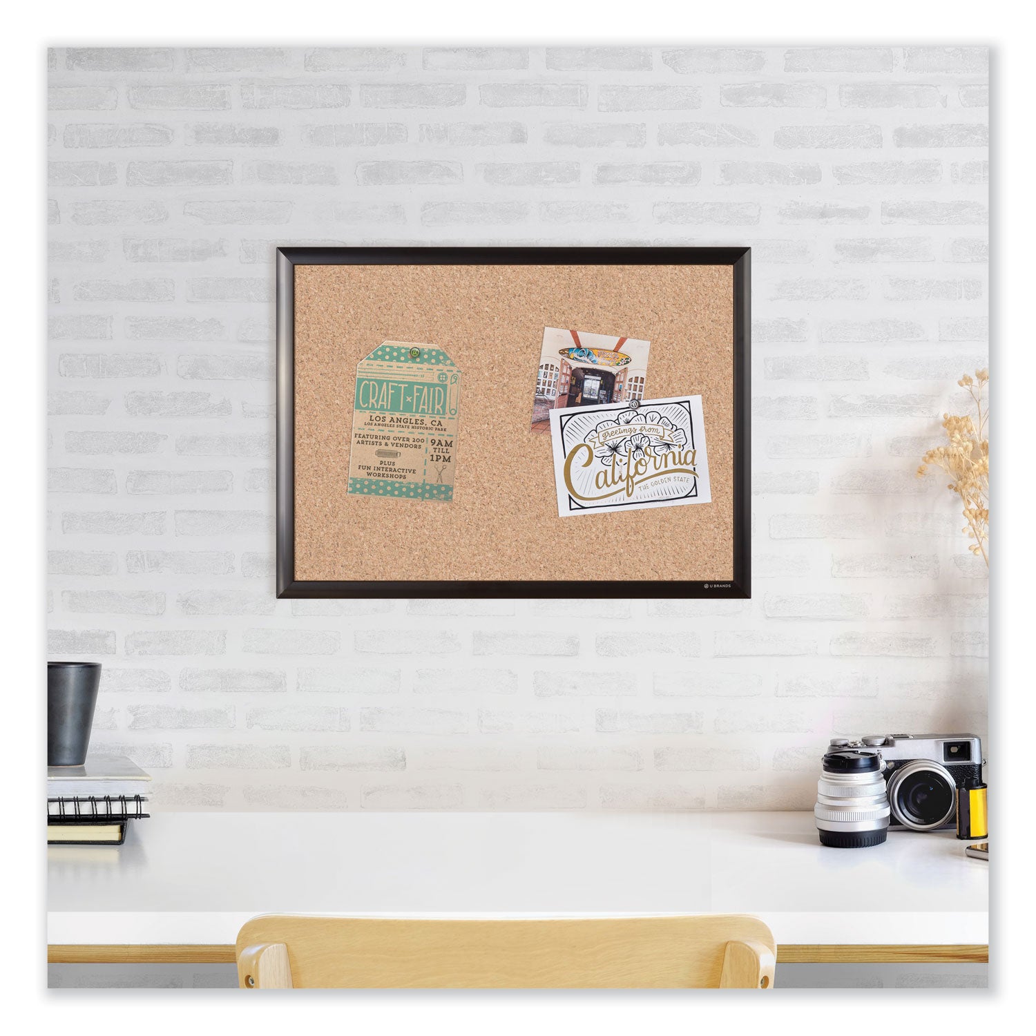 U Brands Cork Bulletin Board with Black Aluminum Frame, 70 x 47, Tan Surface