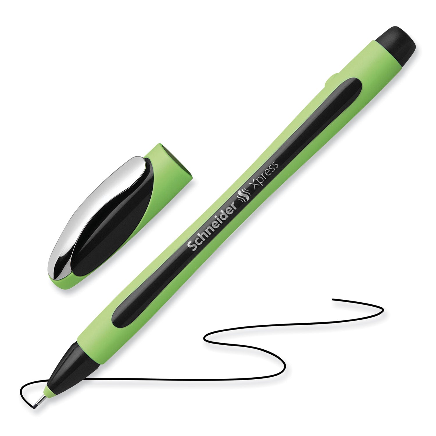 Schneider® Xpress Fineliner Porous Point Pen, Stick, Medium 0.8 mm, Black Ink, Black/Green Barrel, 10/Box