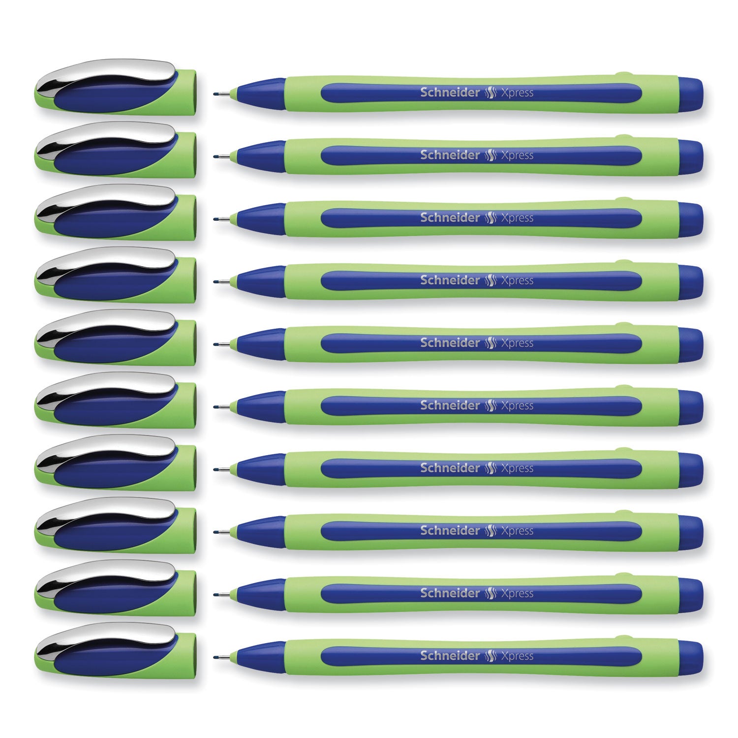 Schneider® Xpress Fineliner Porous Point Pen, Stick, Medium 0.8 mm, Blue Ink, Blue/Green Barrel, 10/Box