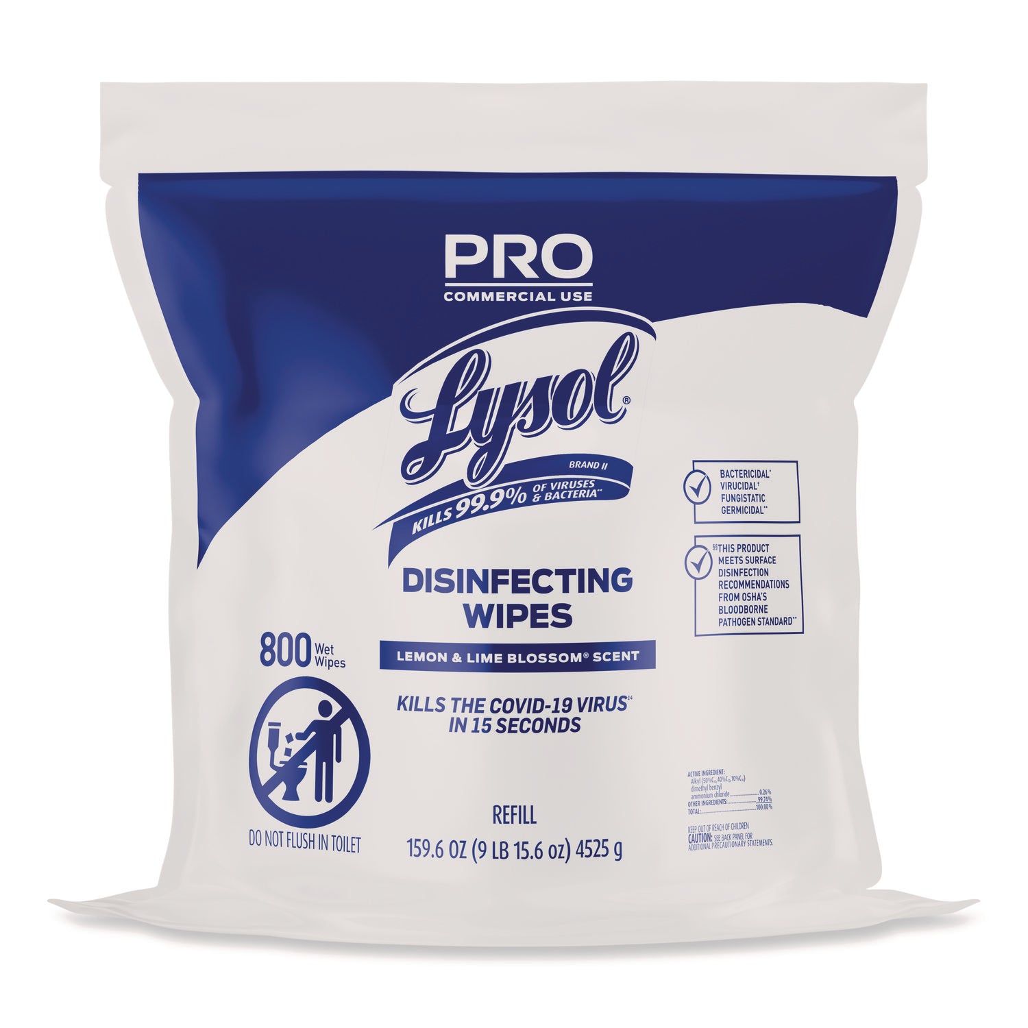 LYSOL® Brand Professional Disinfecting Wipe Bucket Refill, 1-Ply, 6 x 8, Lemon and Lime Blossom, White, 800 Wipes/Bag, 2 Refill Bags/CT