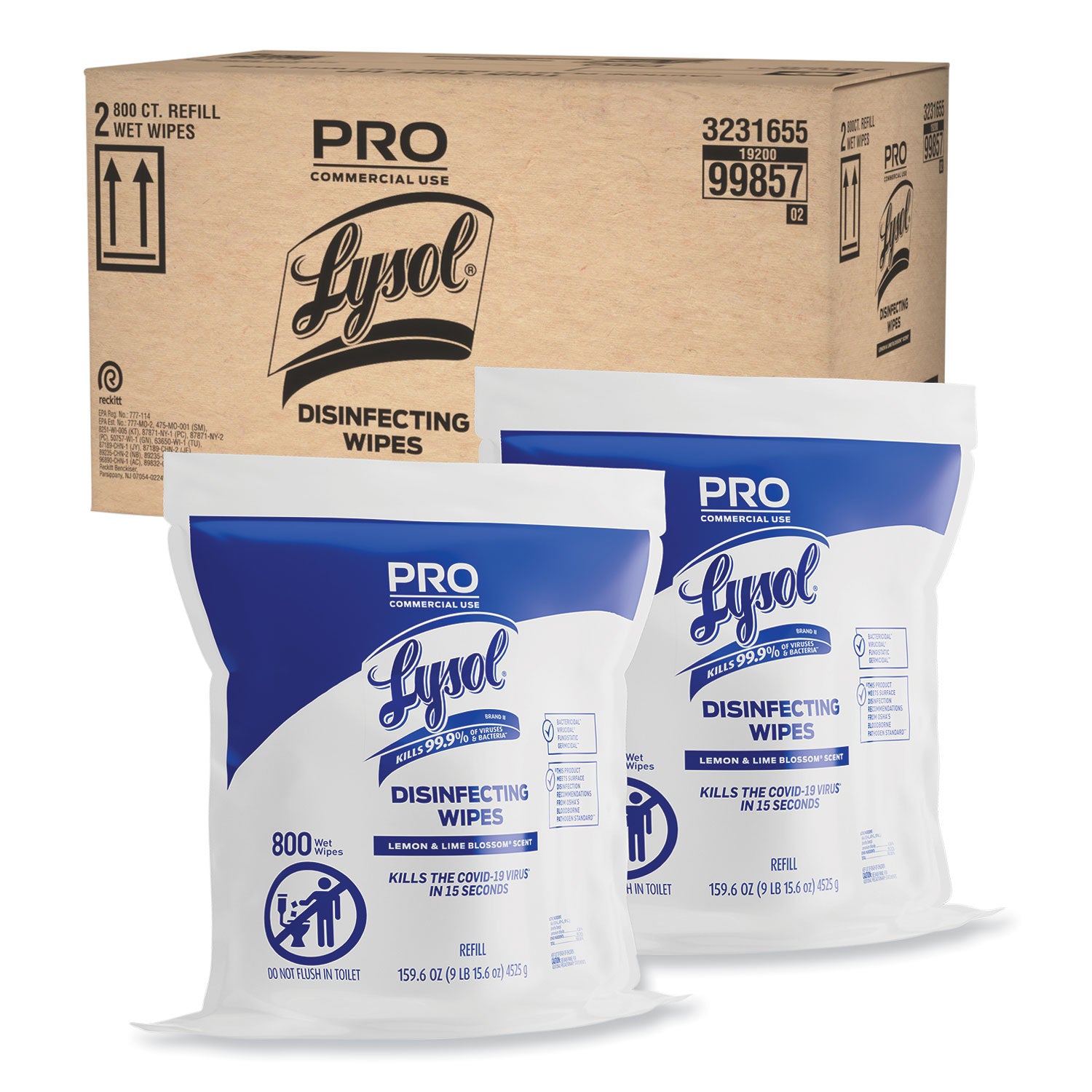 Professional Disinfecting Wipe Bucket Refill, 1-Ply, 6 x 8, Lemon and Lime Blossom, White, 800 Wipes/Bag, 2 Refill Bags/CT