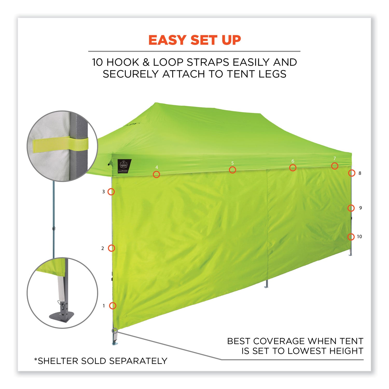 Ergodyne® Shax 6097 Pop-Up Tent Sidewall, Single Skin, 10 ft x 10 ft, Polyester, Lime