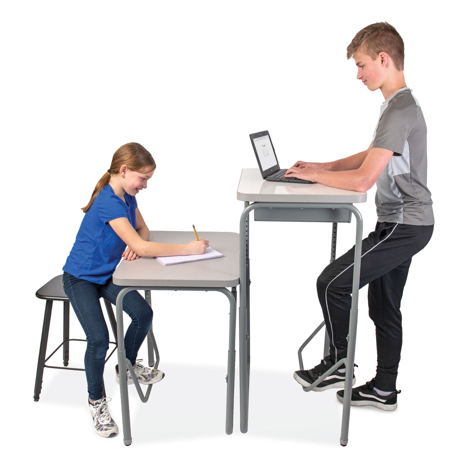 Safco® AlphaBetter 2.0 Height-Adjustable Student Desk with Pendulum Bar and Book Box, 27.75 x 19.75 x 29 to 43, Dry Erase