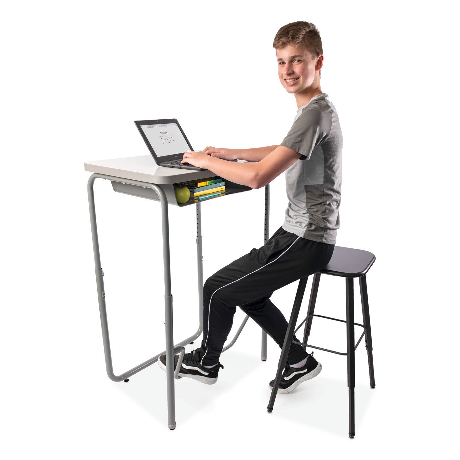 Safco® AlphaBetter 2.0 Height-Adjustable Student Desk with Pendulum Bar and Book Box, 27.75 x 19.75 x 29 to 43, Dry Erase