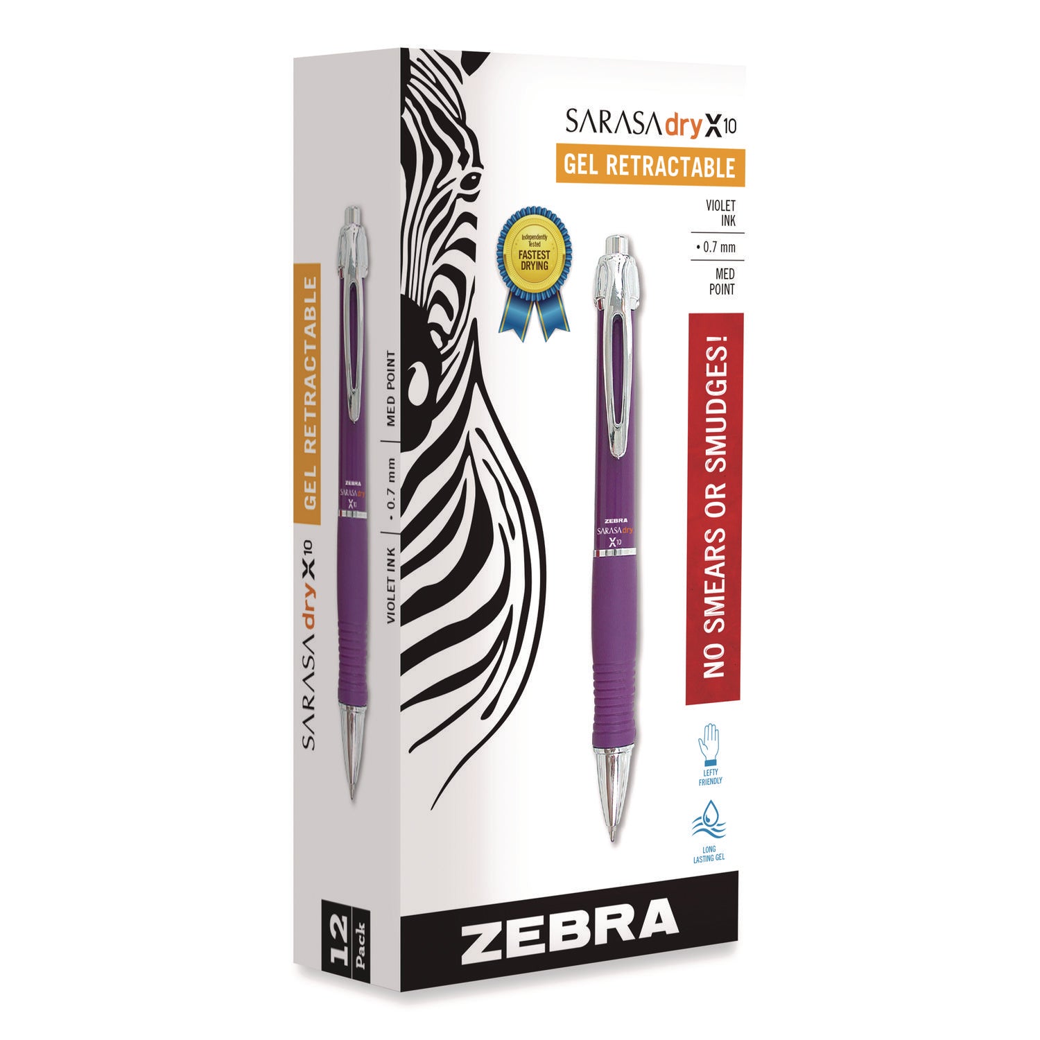 Zebra® Sarasa Dry X10 Gel Pen, Retractable, Medium 0.7 mm, Violet Ink, Violet/Silver Barrel, 12/Pack