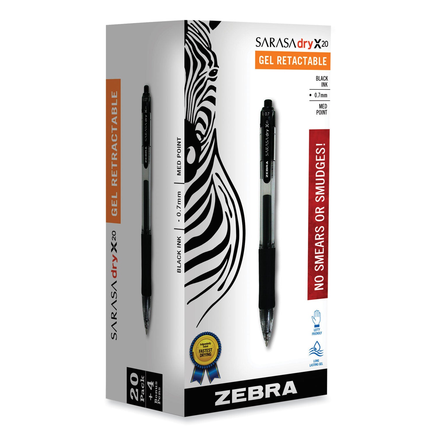 Zebra® Sarasa Dry Gel X20 Gel Pen Value Pack, Retractable, Medium 0.7 mm, Black Ink, Clear/Black Barrel, 24/Box