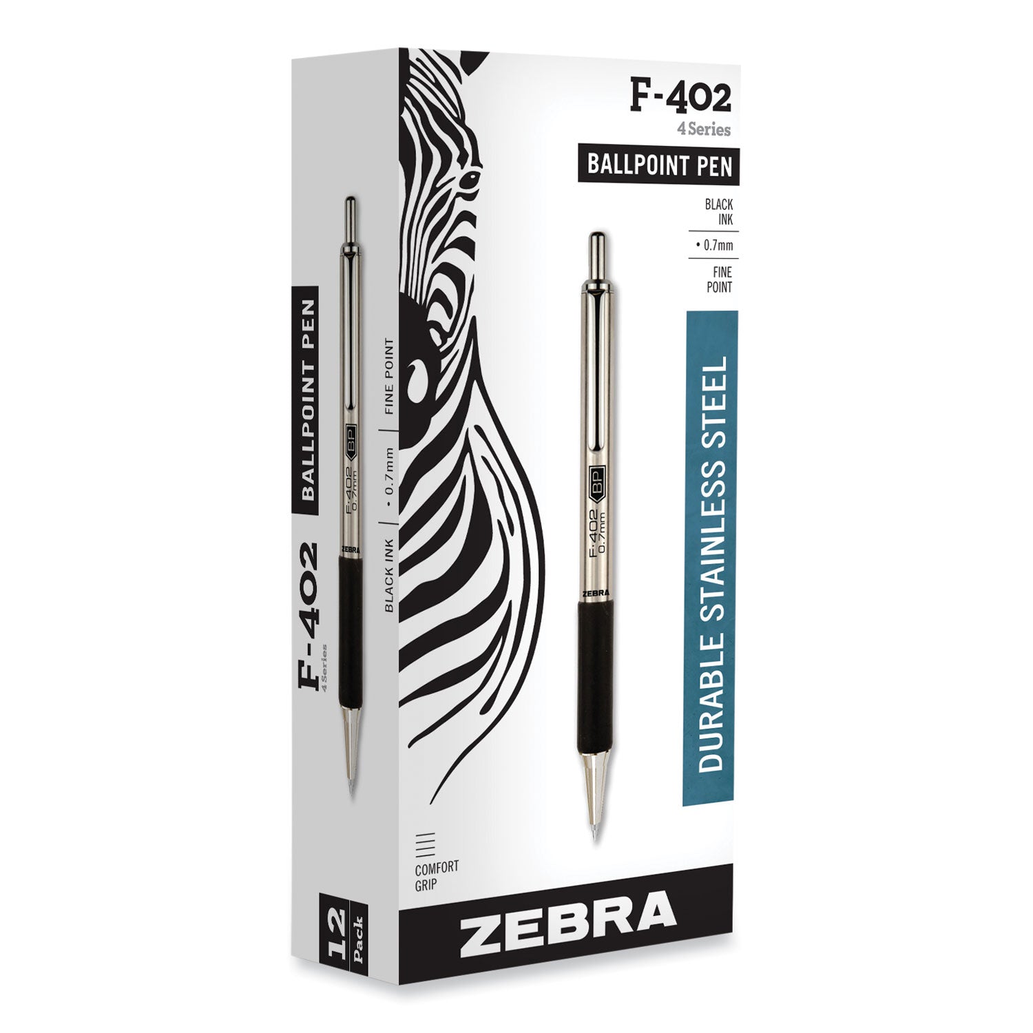 Zebra® F-402 Ballpoint Pen, Retractable, Fine 0.7 mm, Black Ink, Stainless Steel/Black Barrel