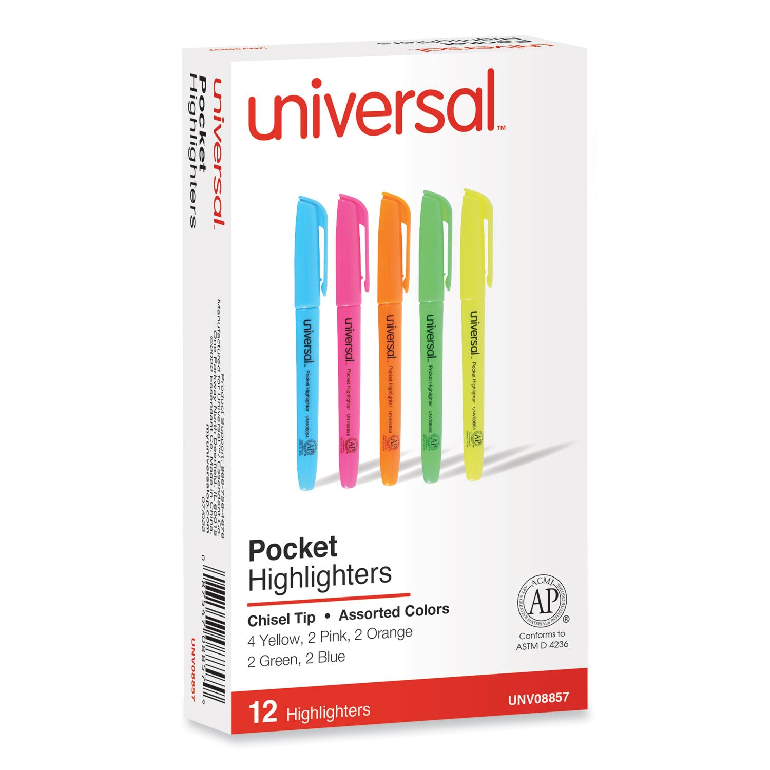 Universal™ Pocket Highlighters, Assorted Ink Colors, Chisel Tip, Assorted Barrel Colors, Dozen