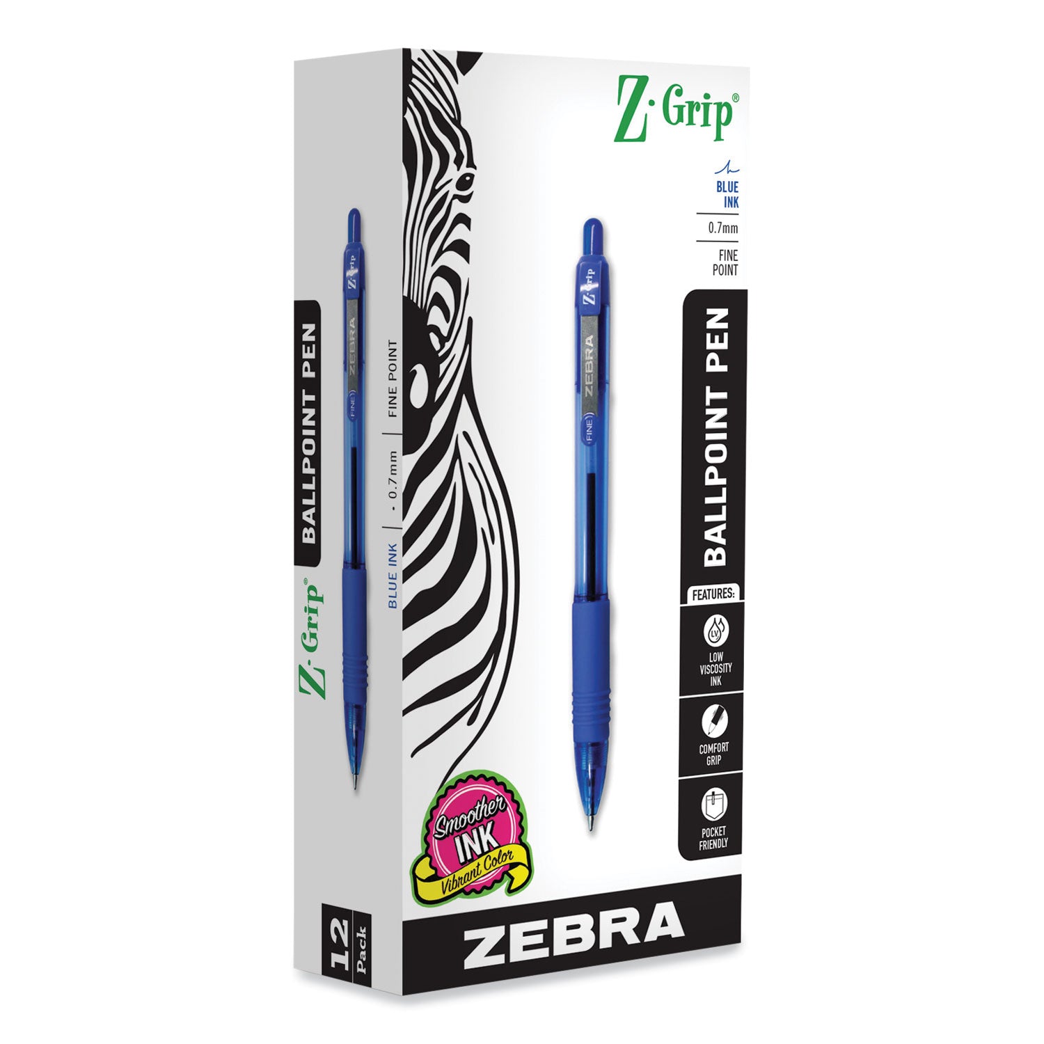 Zebra® Z-Grip Ballpoint Pen, Retractable, Medium 0.7 mm, Blue Ink, Translucent Blue/Blue Barrel, 12/Pack